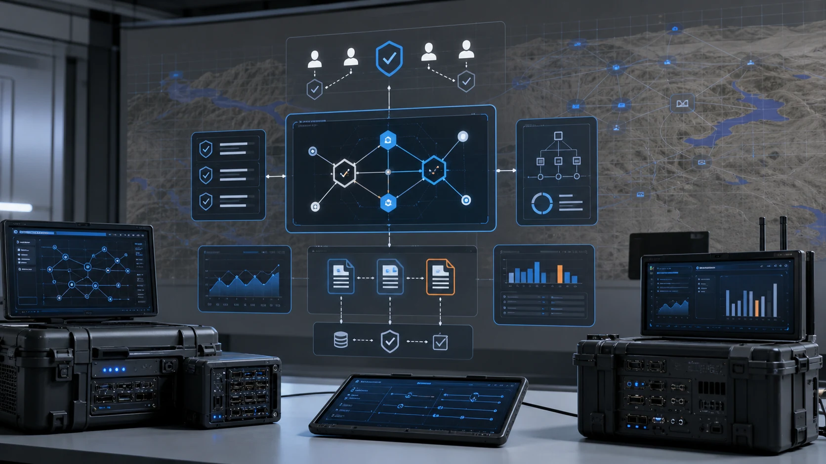 Defense AI assurance lab with rugged edge computers, multi-agent coordination map, policy boundaries, telemetry timelines, and approval checkpoints