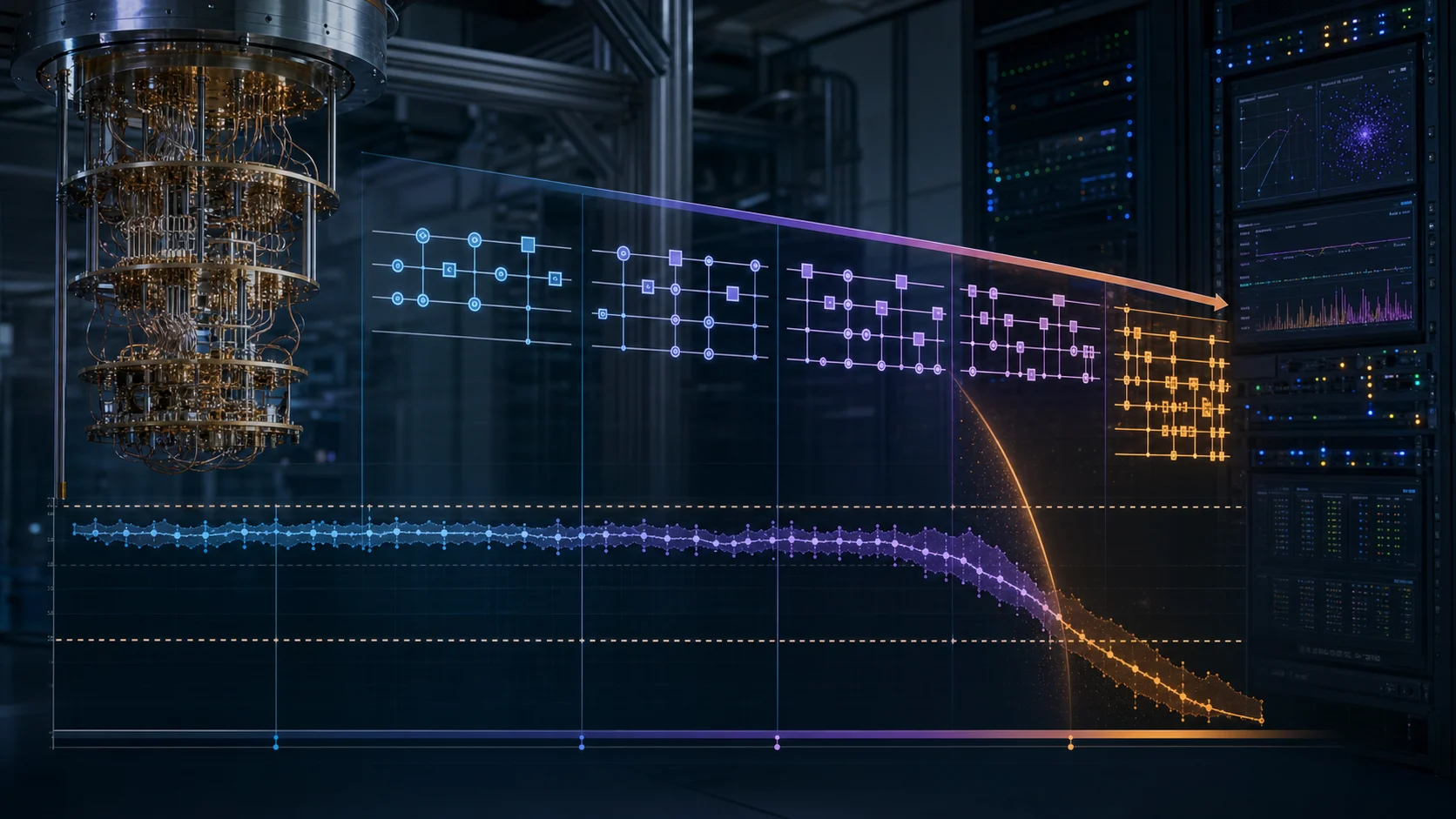 IBM Heron QANTIS operating map showing shallow two- and three-qubit belief oracles inside a stable corridor and deeper UCGate chains beyond the coherence boundary