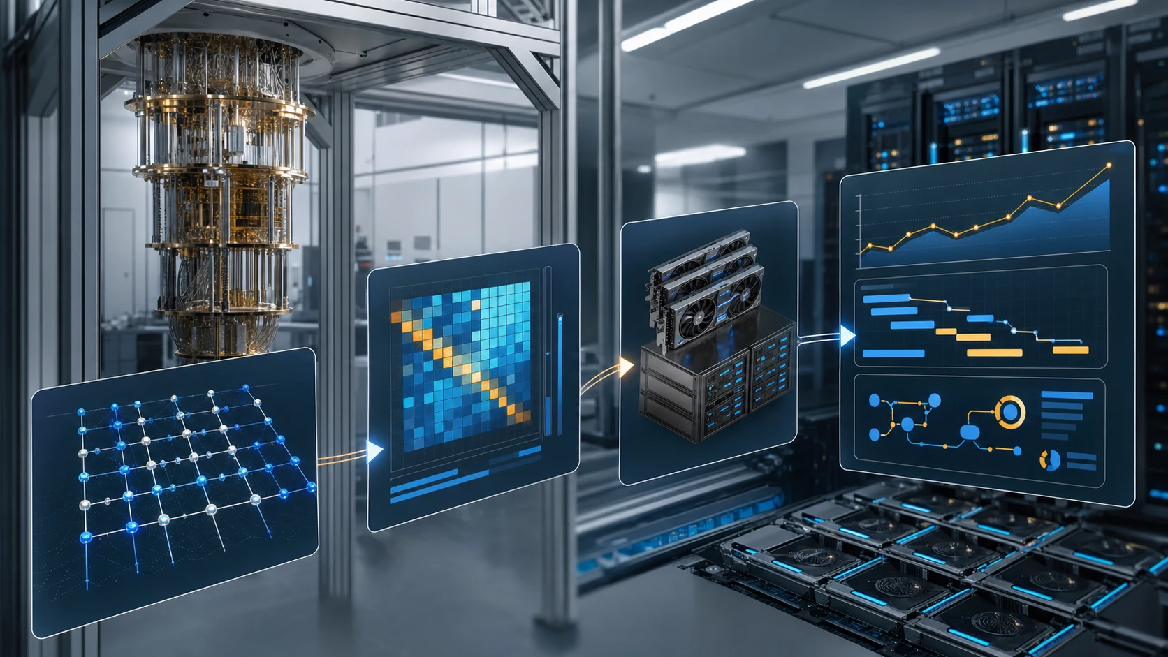 Fault-tolerant quantum evidence pipeline connecting a cryogenic processor, decoder, GPU scheduler, and AI resource dashboard