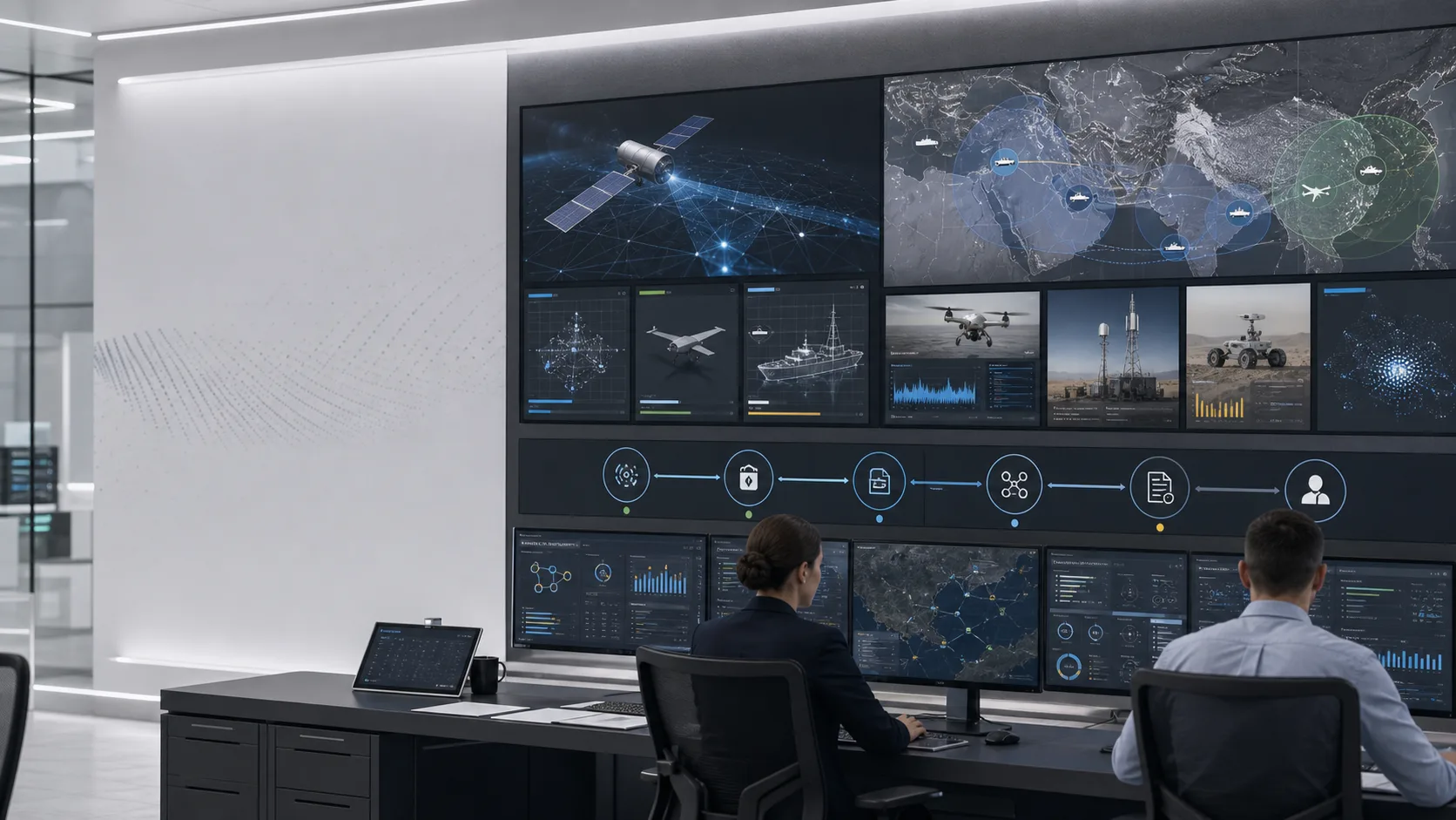 Quantum defense operations lab with multidomain map, satellite and uncrewed-system evidence panels, secure communications status, quantum sensor records, and human approval timeline