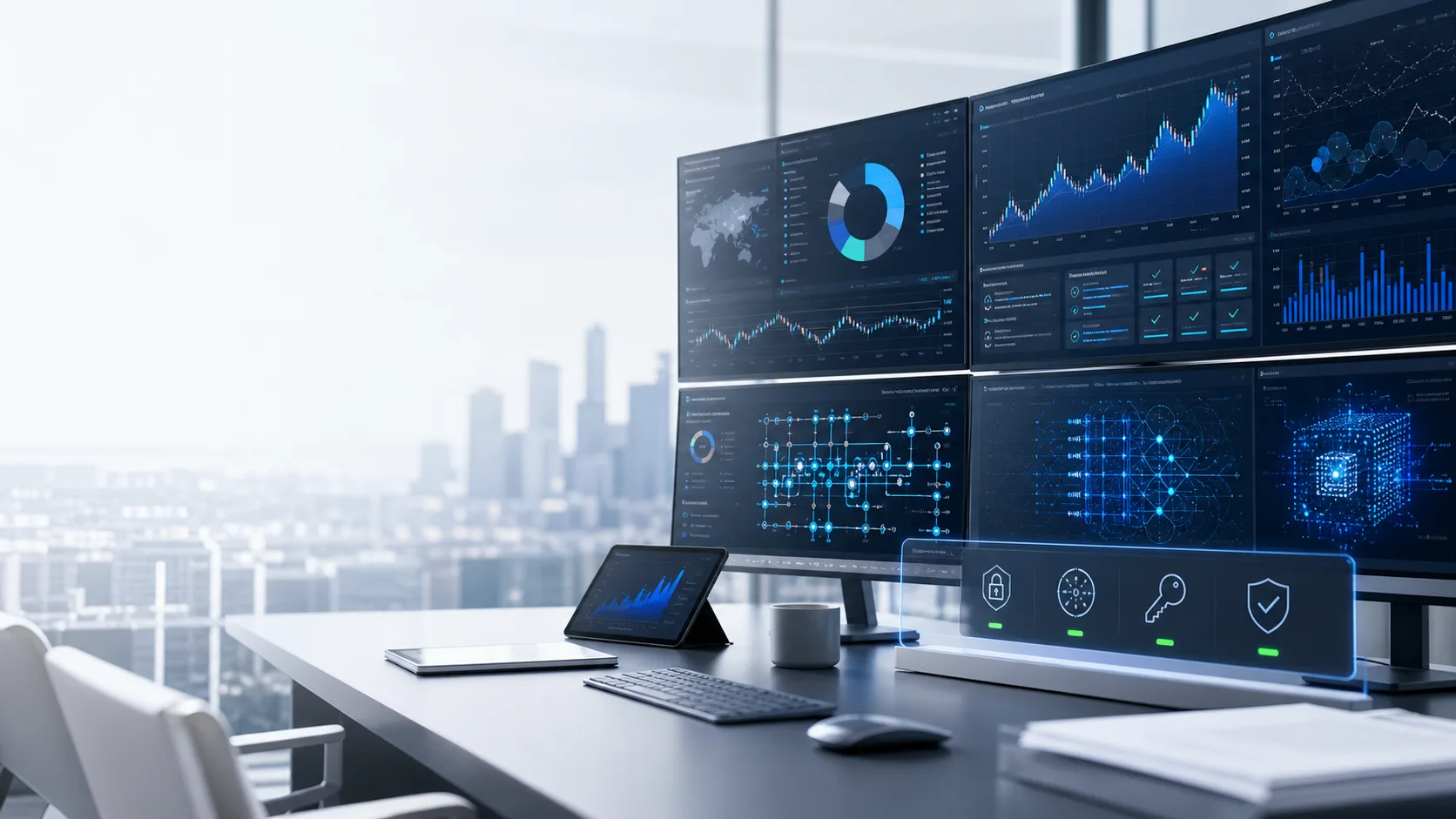 Quantum finance operations room with risk dashboards, portfolio analytics, quantum circuit evidence, model governance, and post-quantum security status