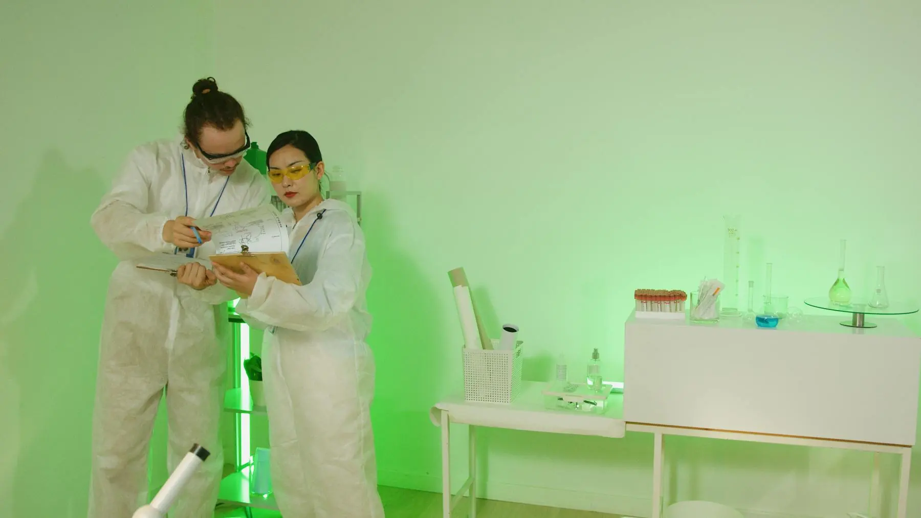 Researchers in laboratory coats discussing findings in a high-tech research lab