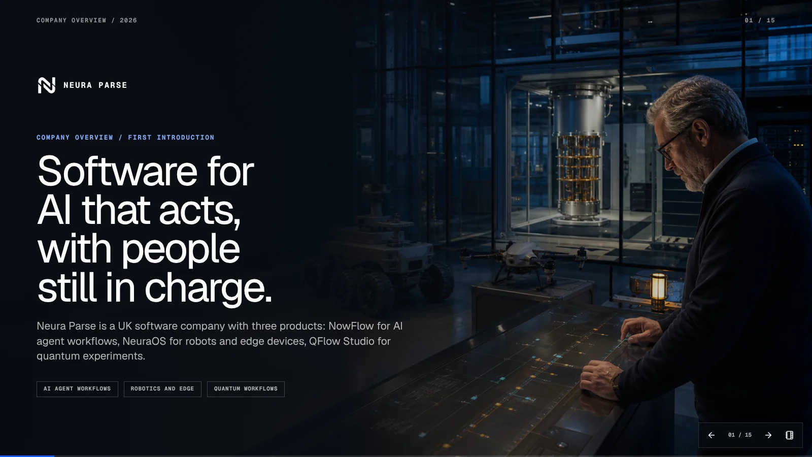 Cover slide of the Company Overview 2026 deck. Title: Software for AI that acts, with people still in charge.
