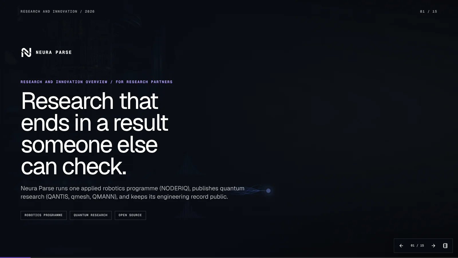 Cover slide of the Research and Innovation Overview 2026 deck. Title: Research that ends in a result someone else can check.
