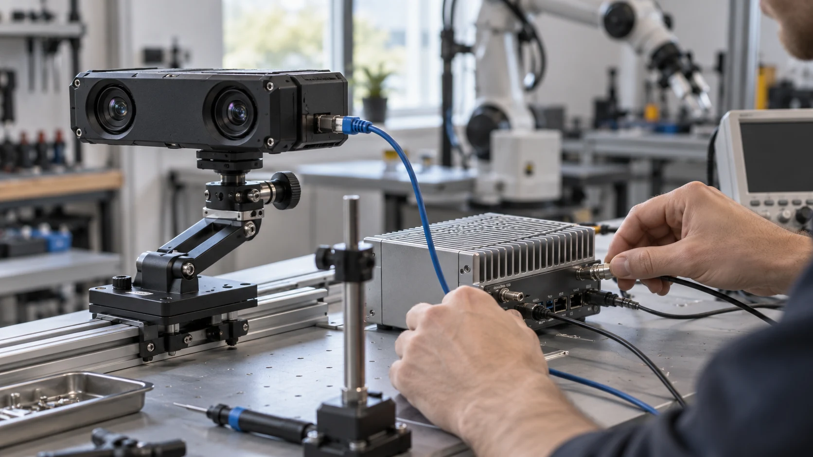 AI concept study of an engineer connecting a stereo camera to a compact edge computer on a robotics bench