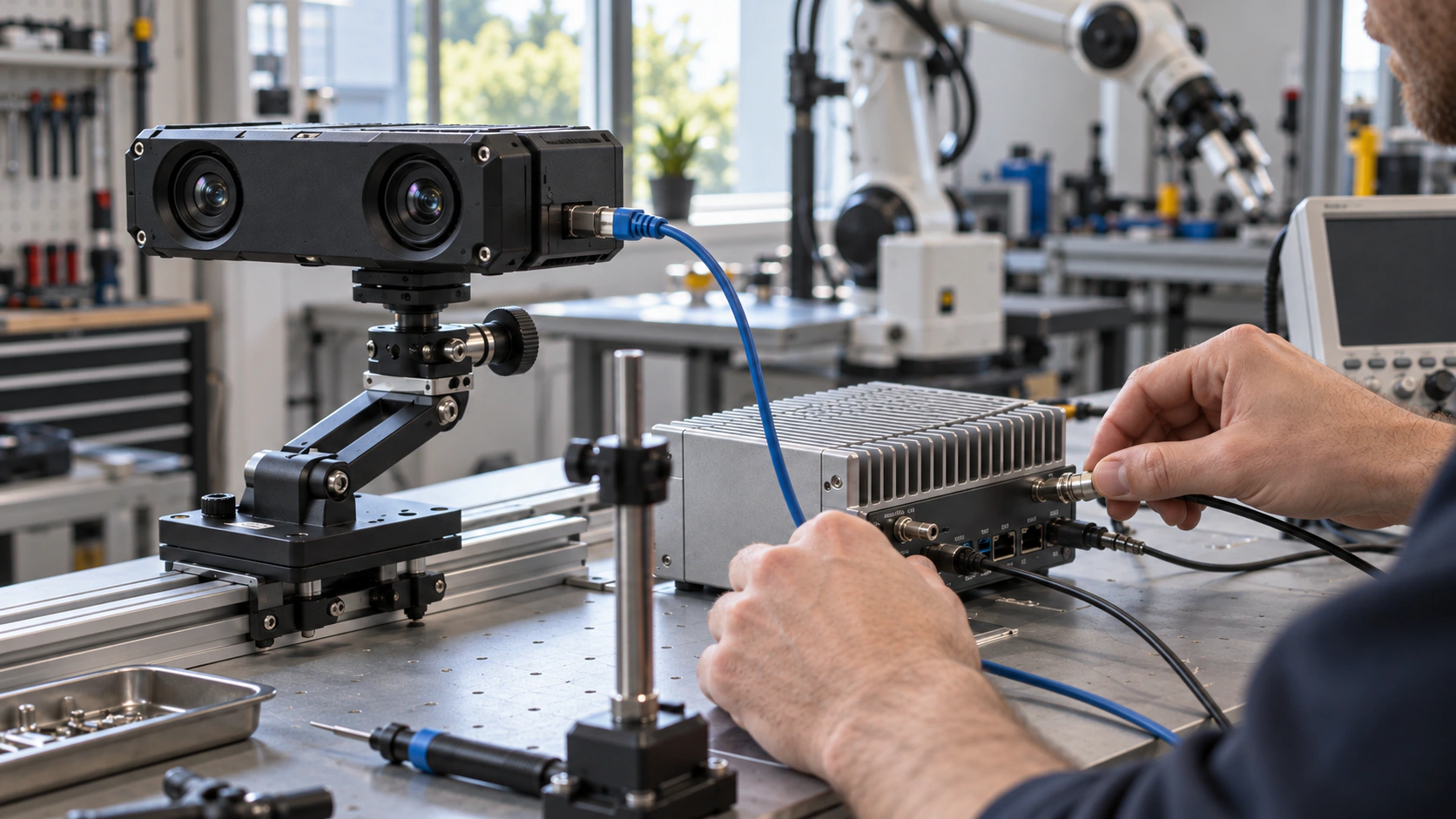 AI concept study of an engineer connecting a stereo camera to a compact edge computer on a robotics bench