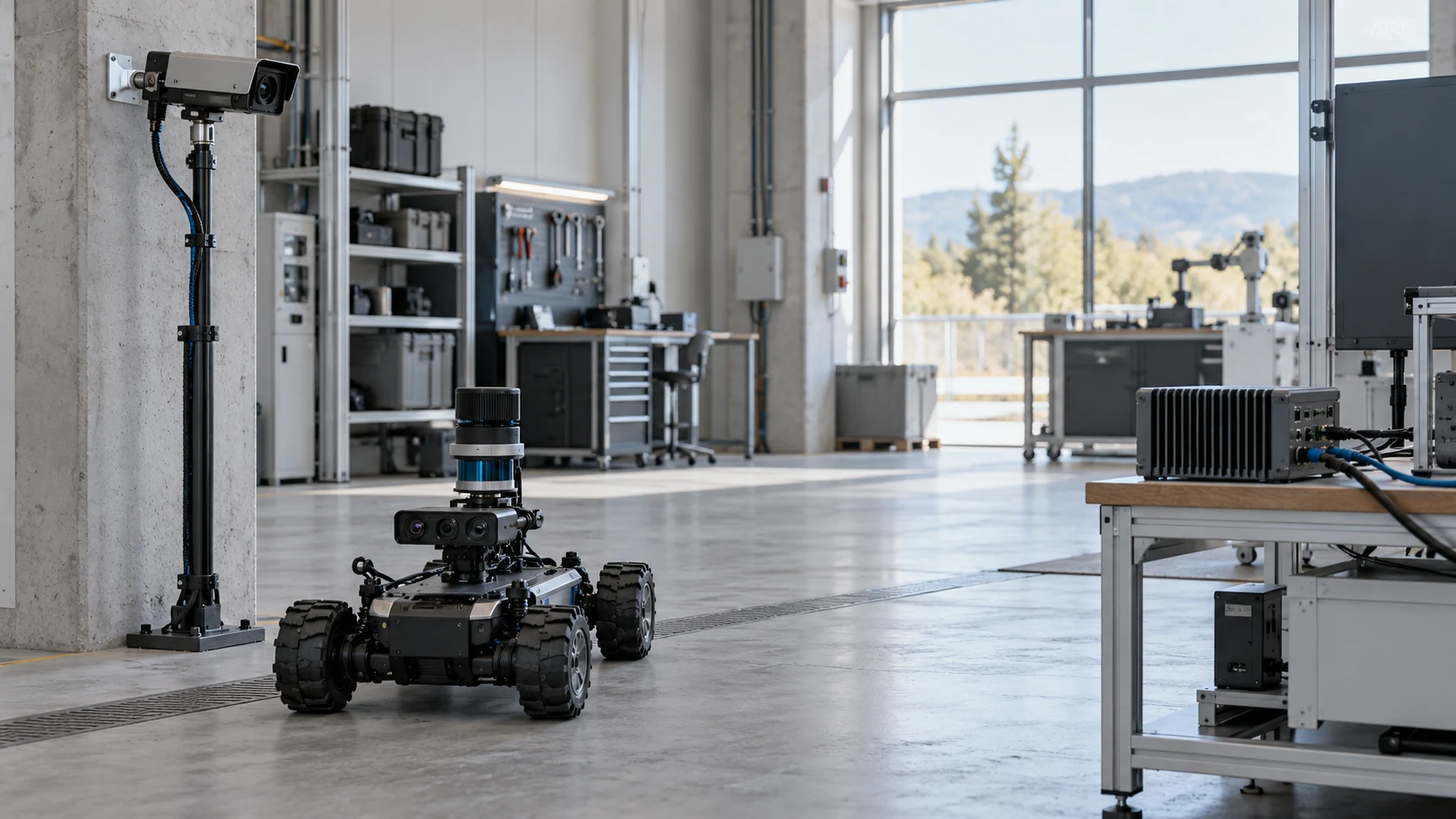 AI concept study of fixed sensing, a mobile inspection rover and local edge computing in a bright workshop