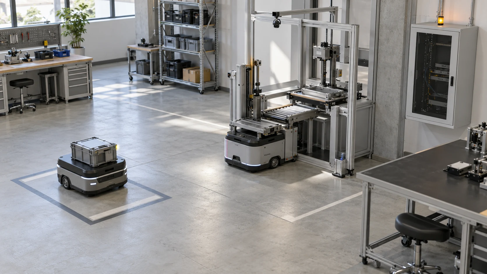AI concept study of two transport robots sharing one service workcell with a marked waiting area