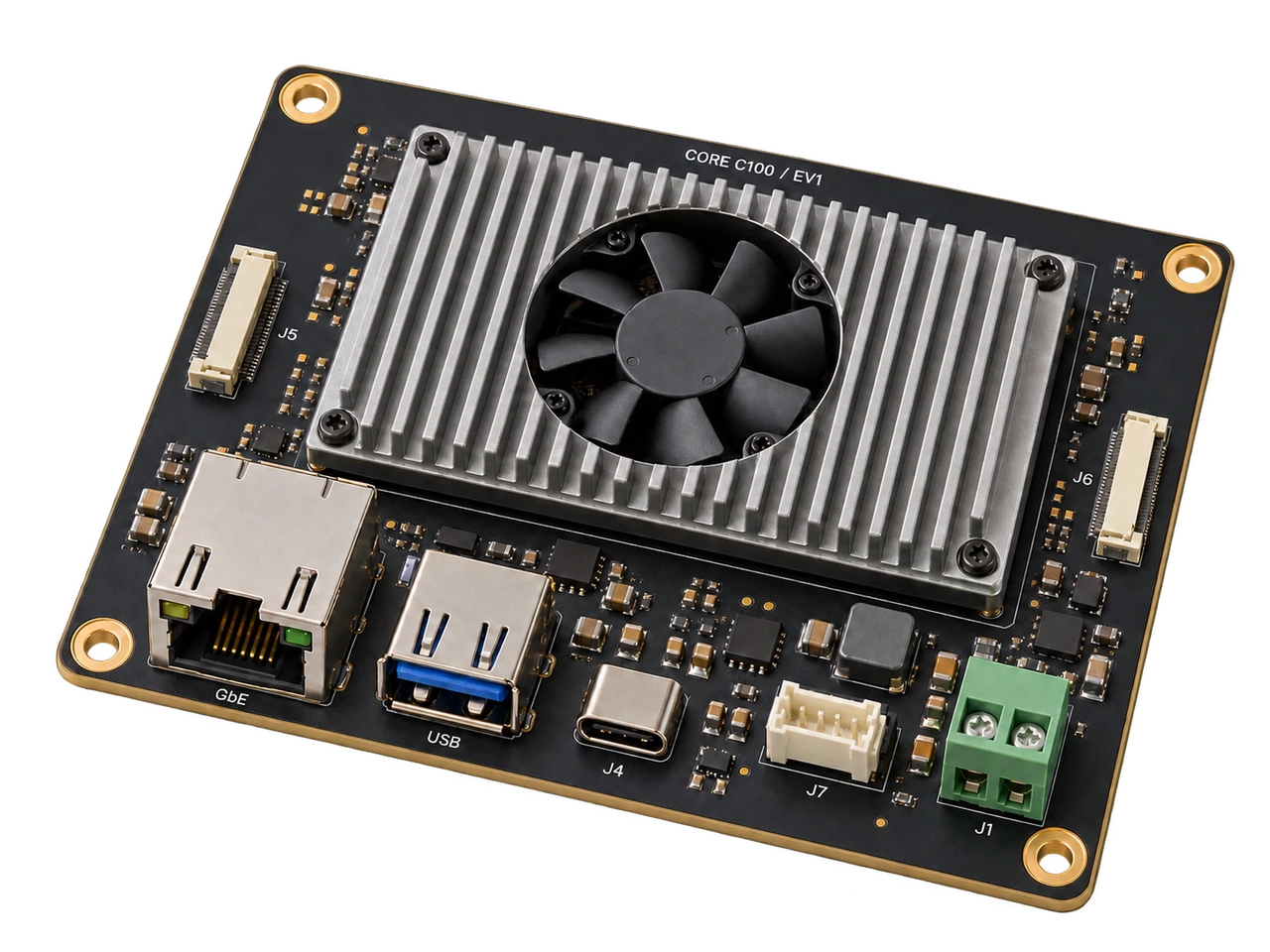 Hardwareansicht des NODERIQ Core C100 mit Kühlung und Anschlussanordnung.