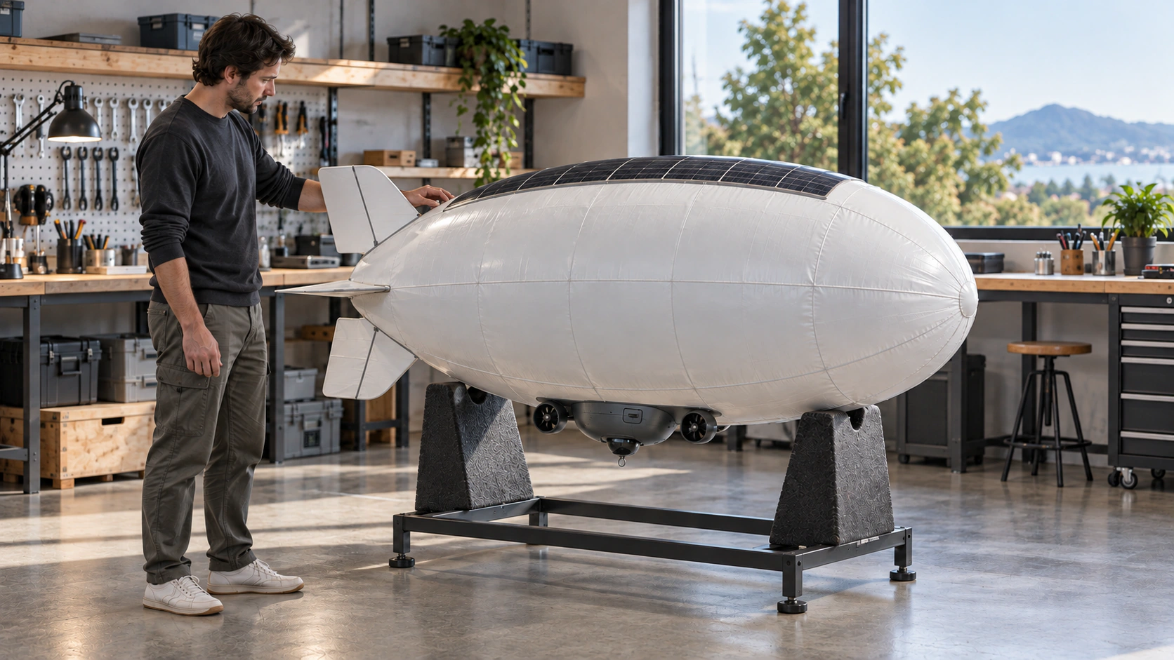 AERA on its floor cradle beside a technician, showing the proposed portable airframe and small observation unit