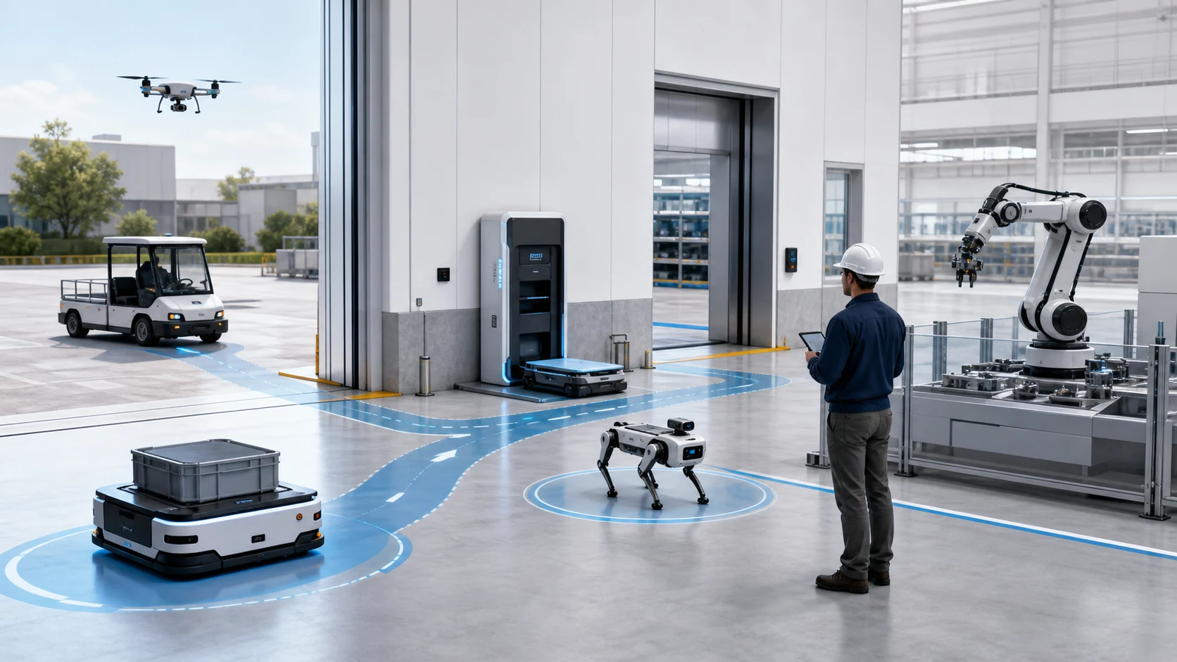 Bright industrial campus where an AMR, quadruped, drone, autonomous utility vehicle, robotic arm, charging bay, and human operator share infrastructure