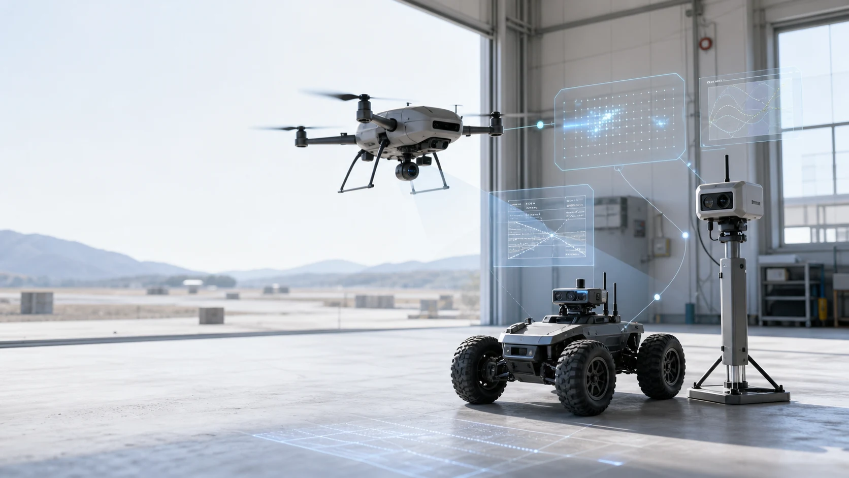 NODERIQ applied autonomy research scene with an aerial vehicle, ground robot, and edge sensor sharing evidence in a bright test hangar