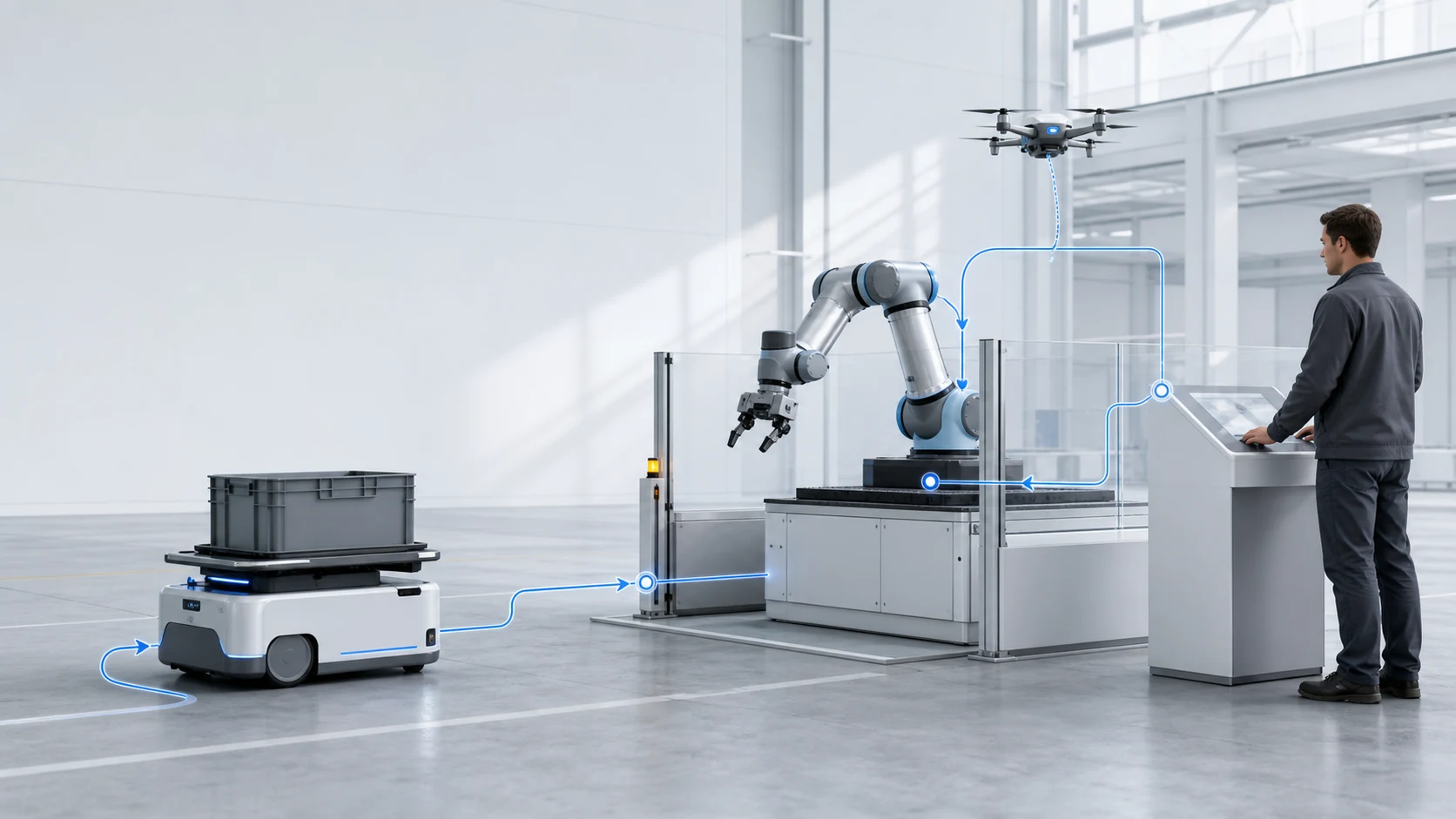 AMR, robotic arm, drone, and operator connected by one bounded workflow in a bright test hall