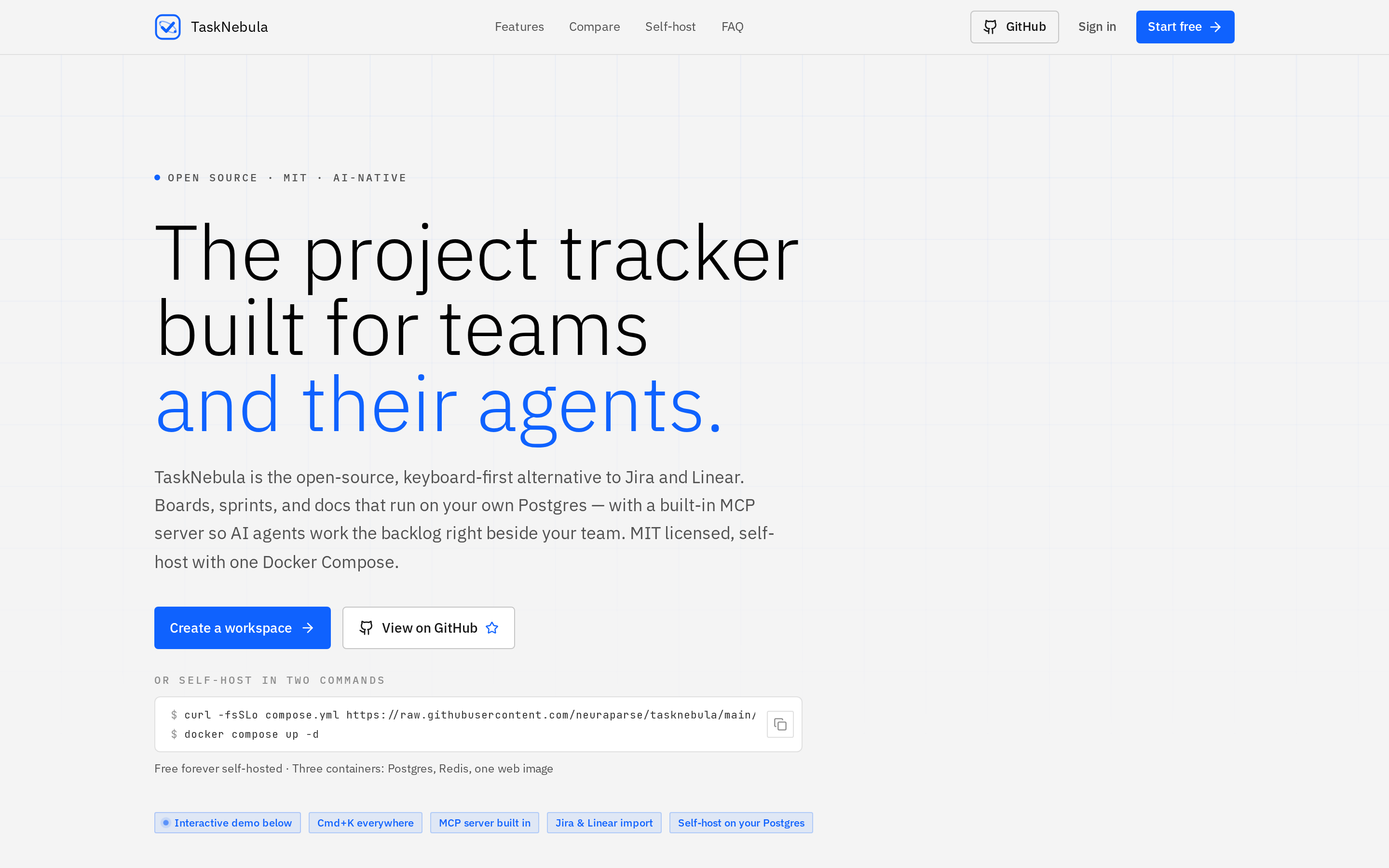 TaskNebula workspace home screen with dashboard and project management modules
