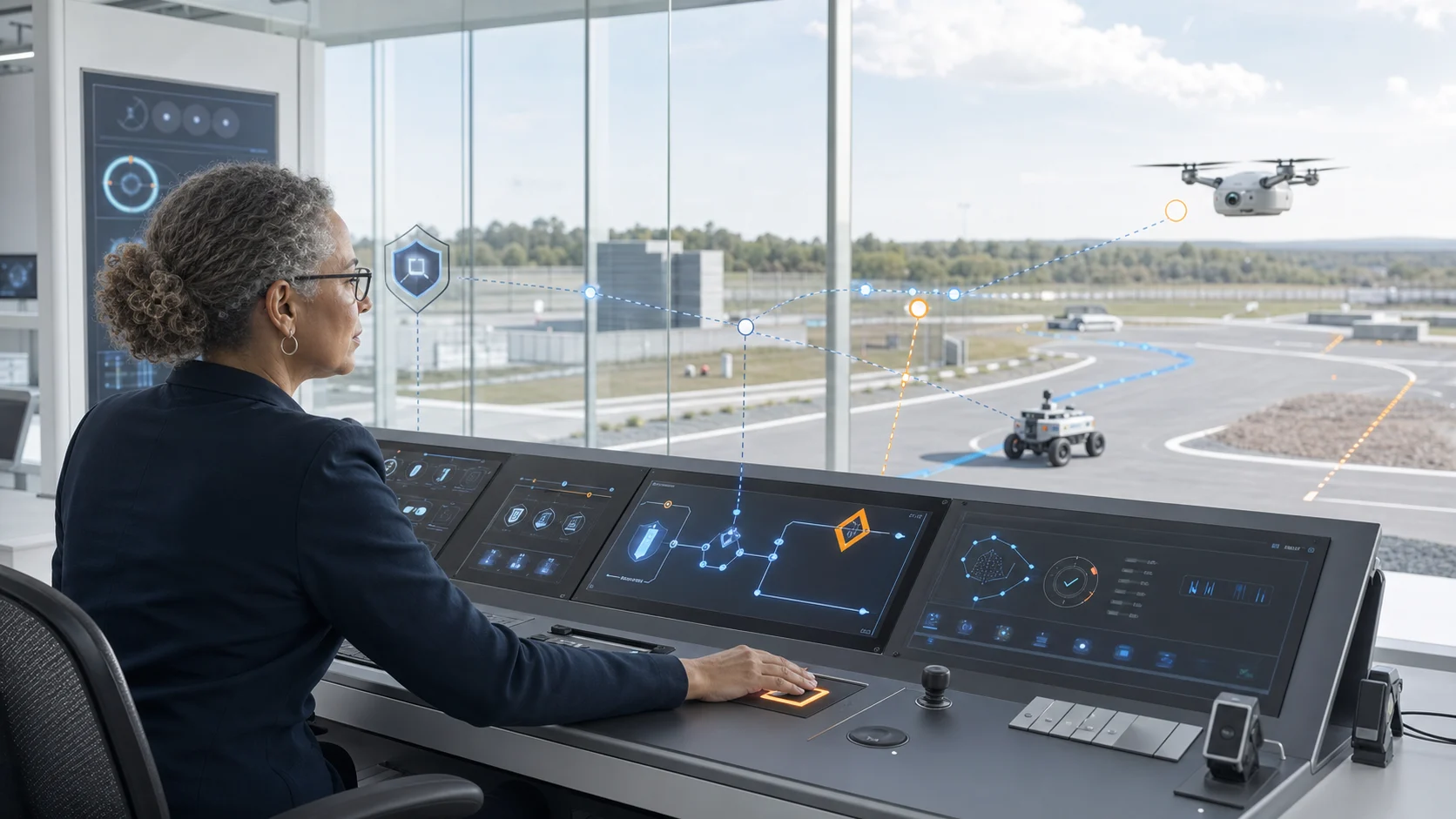 A human mission authority supervising unarmed autonomous systems through explicit policy, approval, and evidence controls
