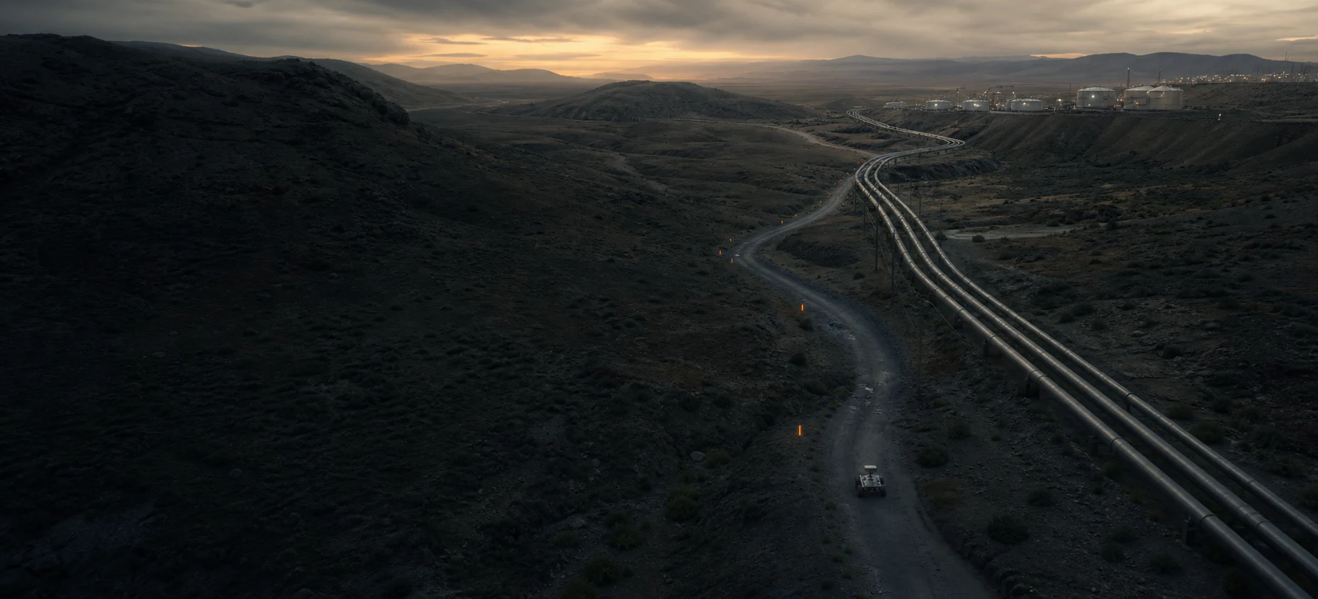 Official NowFlow aerial field visual showing an inspection rover following a critical-infrastructure corridor at dawn