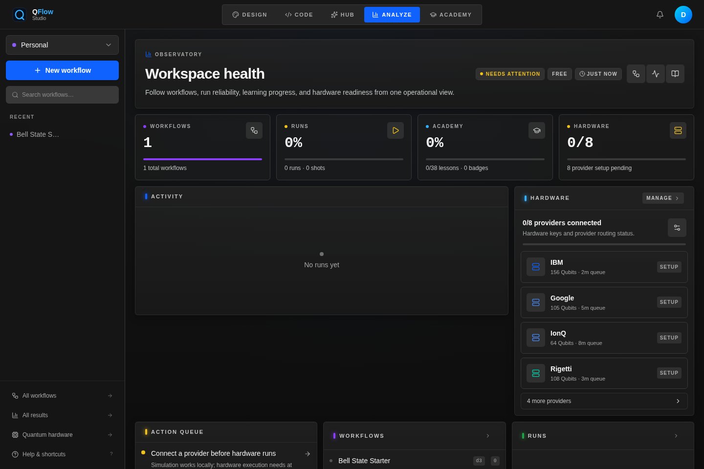 QFlow Studio observatory dashboard with workflow, run, academy, and hardware readiness