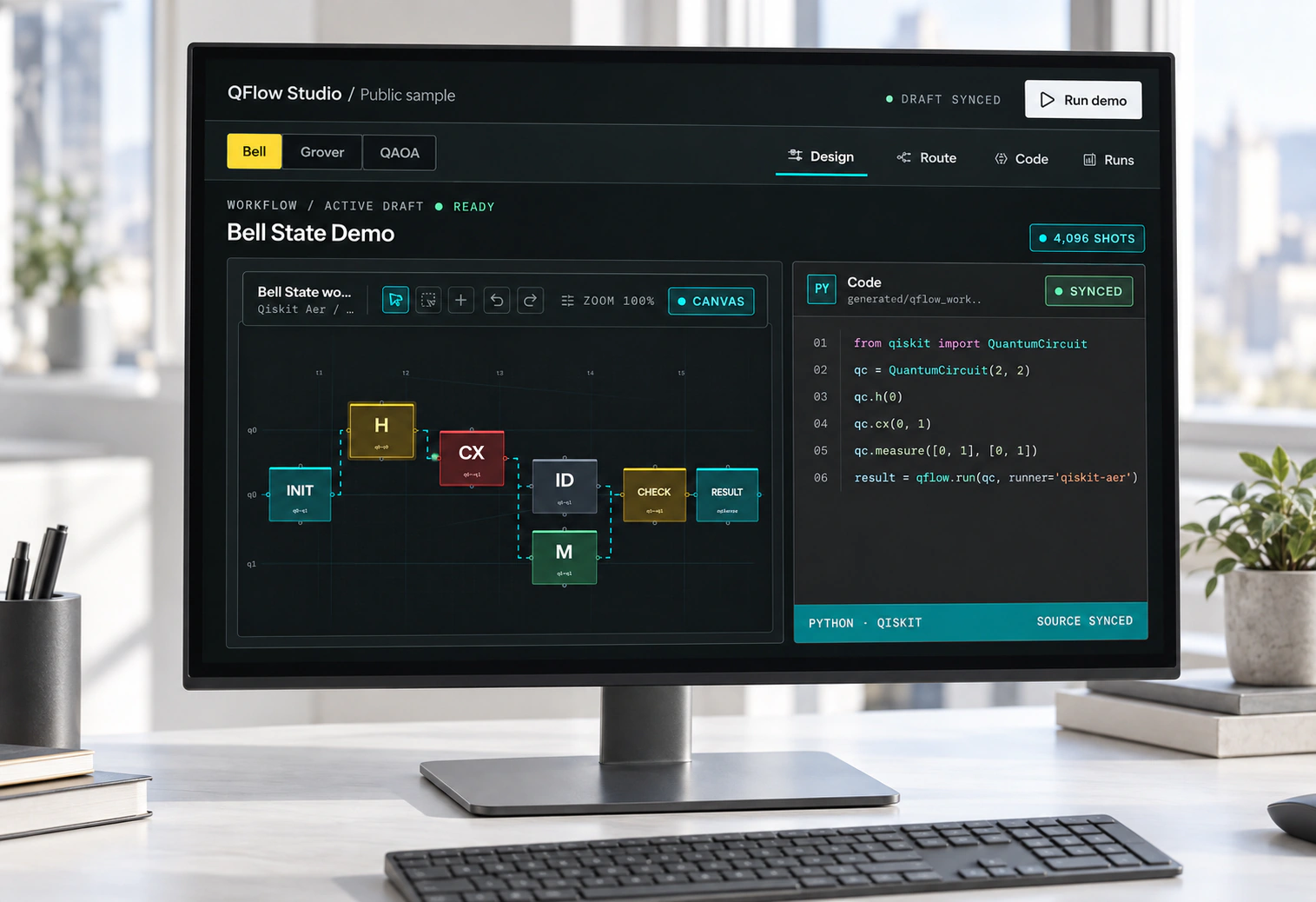 AI product concept based on the current QFlow public demo: the Bell State circuit and generated Qiskit side by side on a studio monitor