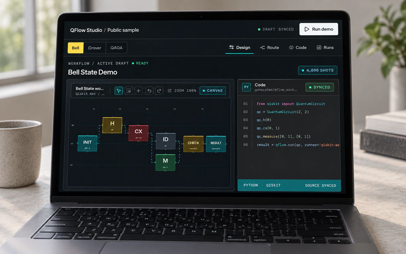 AI product concept of the current QFlow public demo on a laptop, with the Bell State circuit beside its Qiskit source