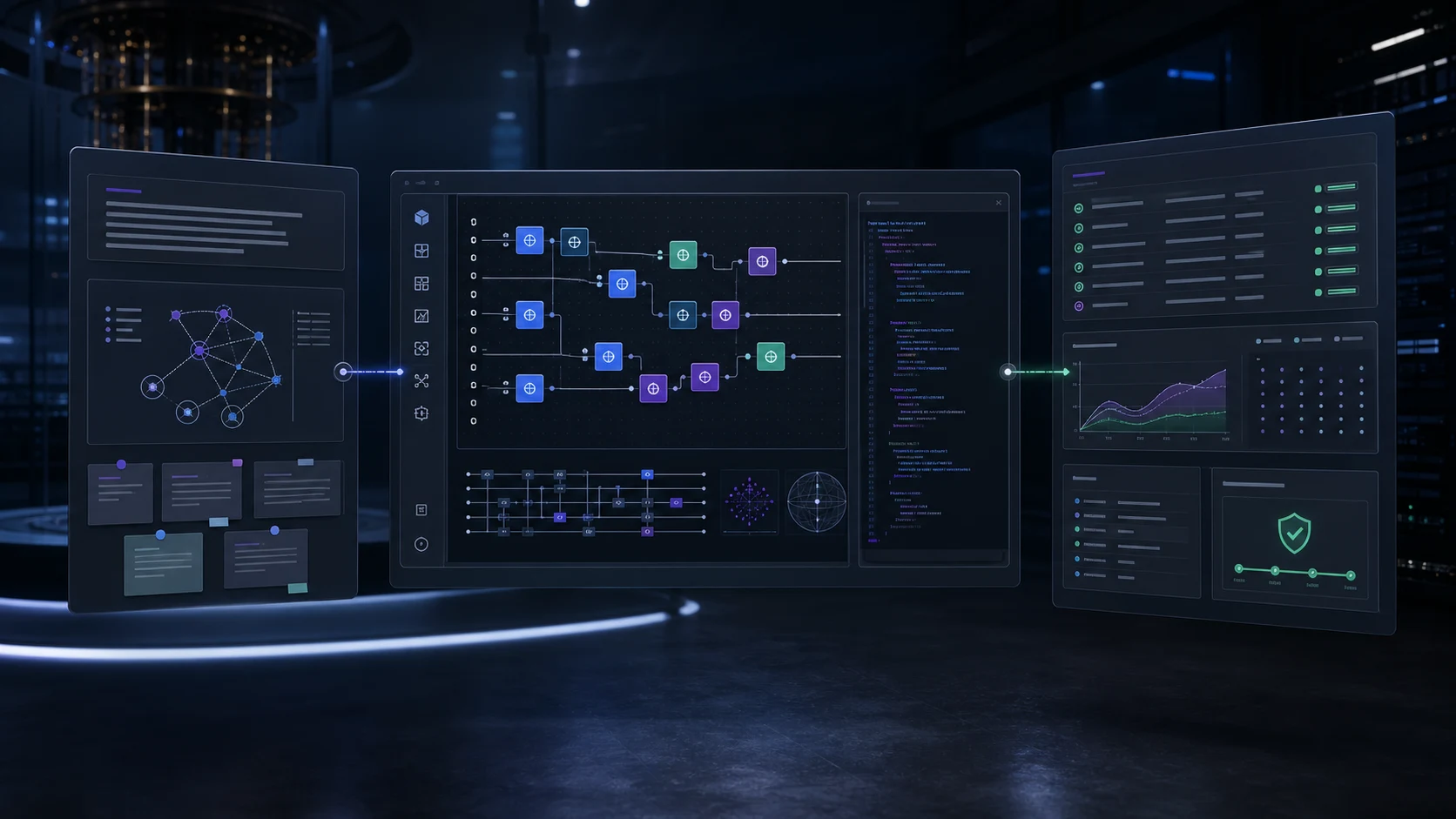 QFlow Studio roadmap visual connecting a research question to an editable quantum workflow, Qiskit code, provider-aware execution context, and a reviewable evidence record.