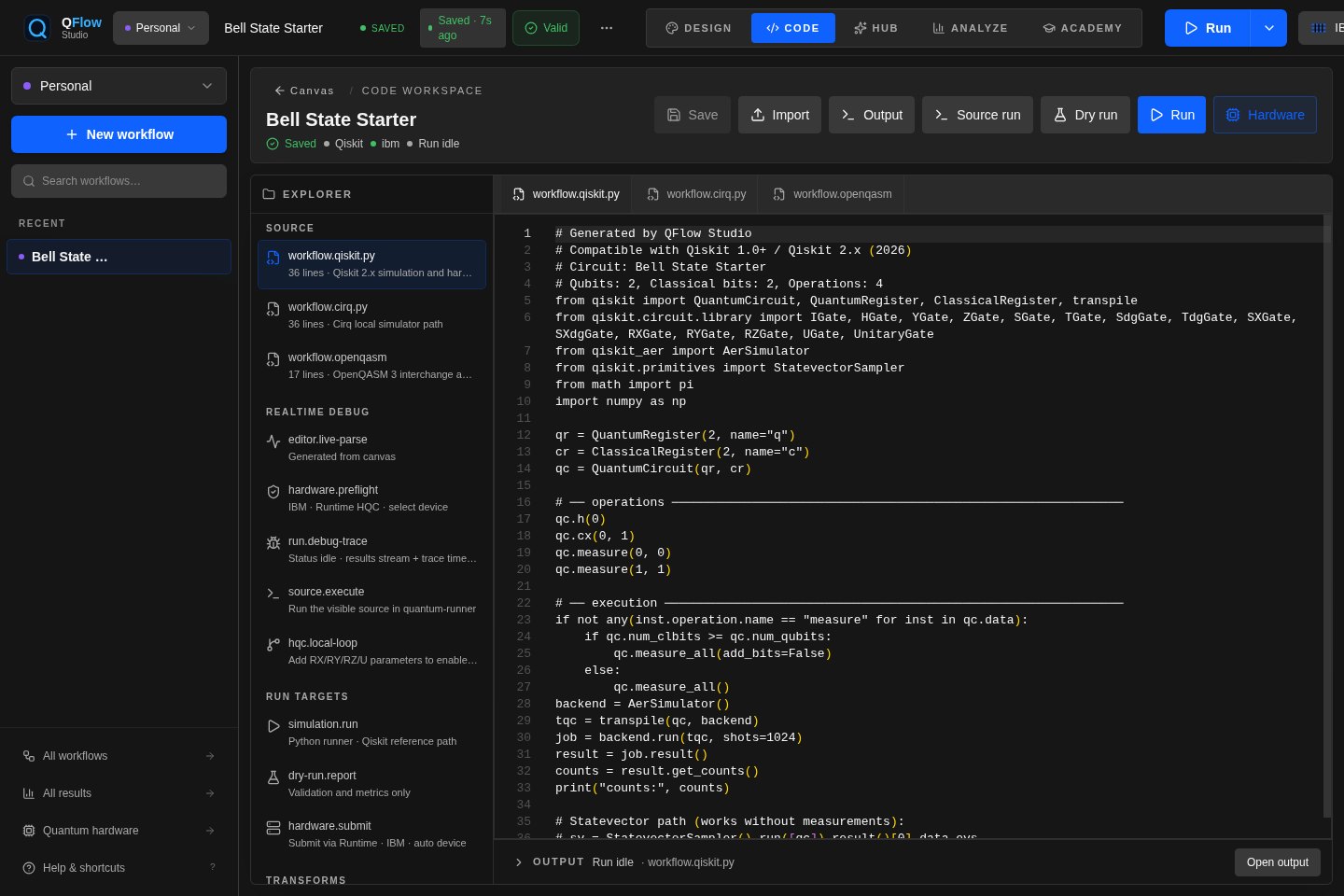 QFlow Studio code workspace with generated Qiskit source