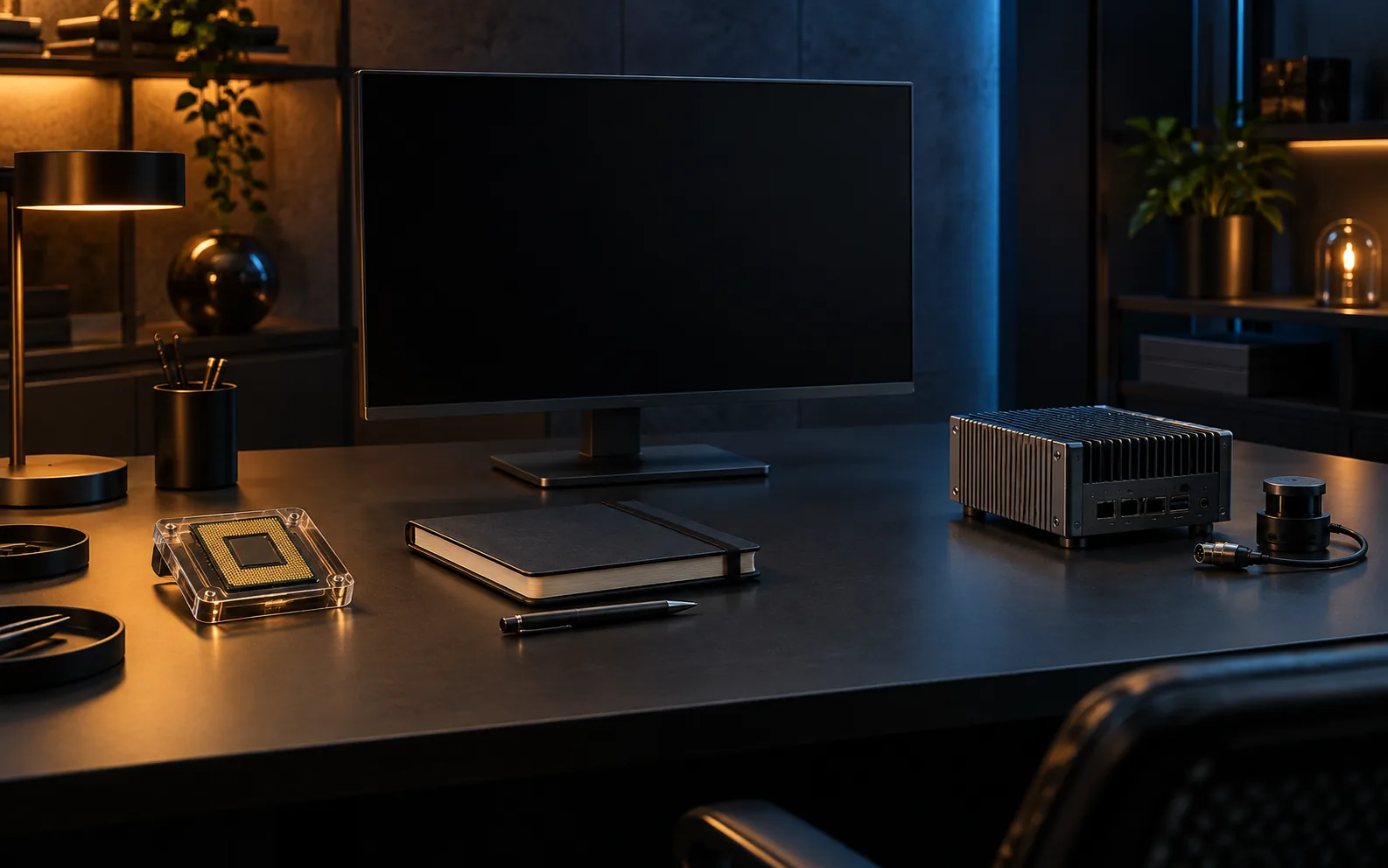 Dark validation desk with a blank monitor, separate chip carrier, closed notebook and unbranded edge enclosure