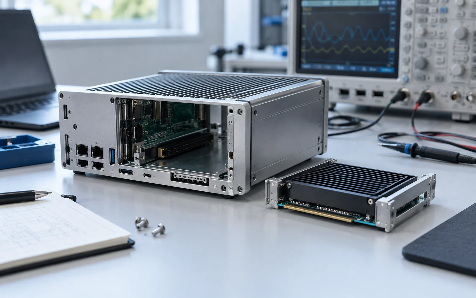 Open modular edge computer and removable module on a laboratory bench