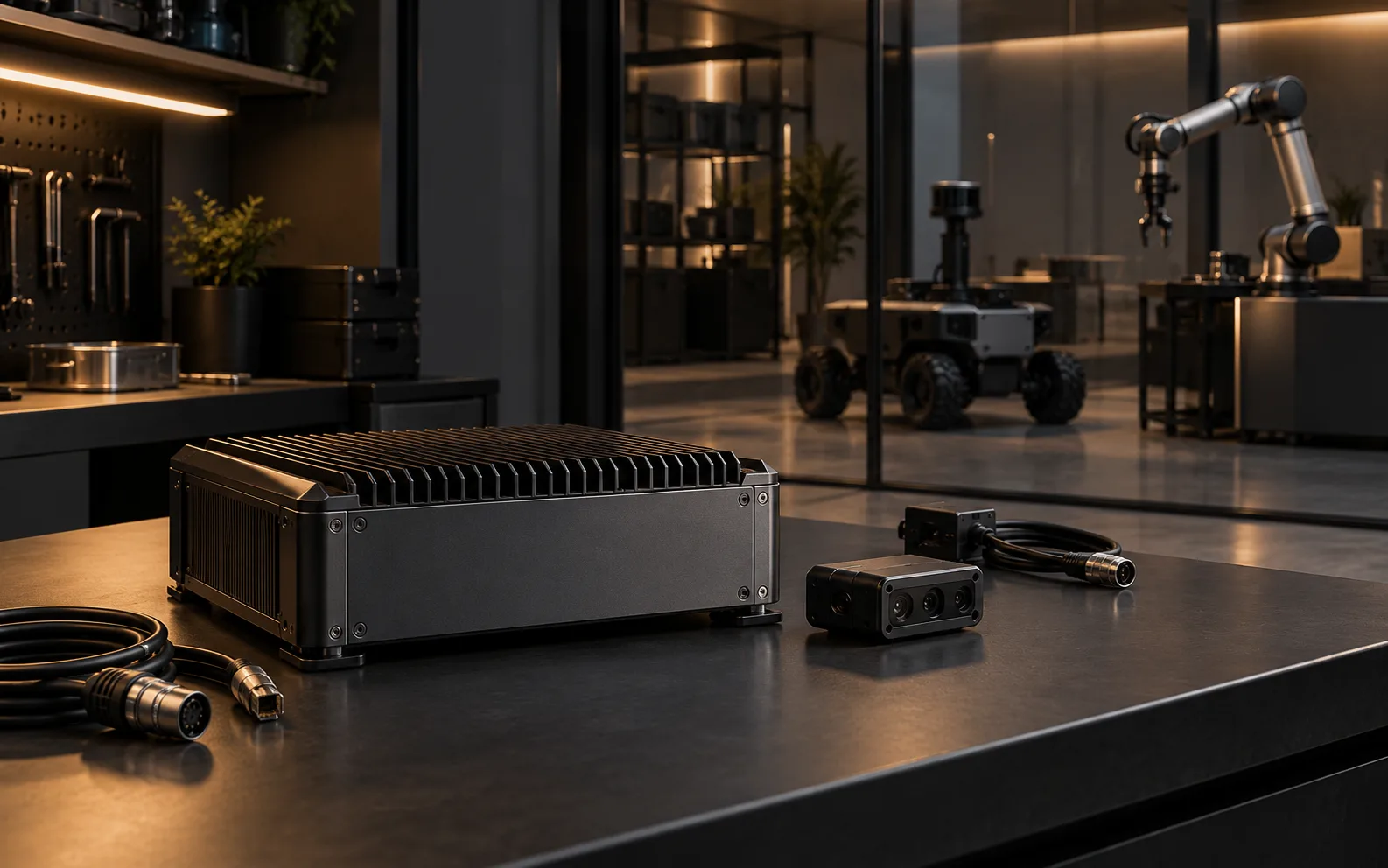 Conceptual industrial edge computer and sensor on a bench, with a stationary robot beyond a glass partition.