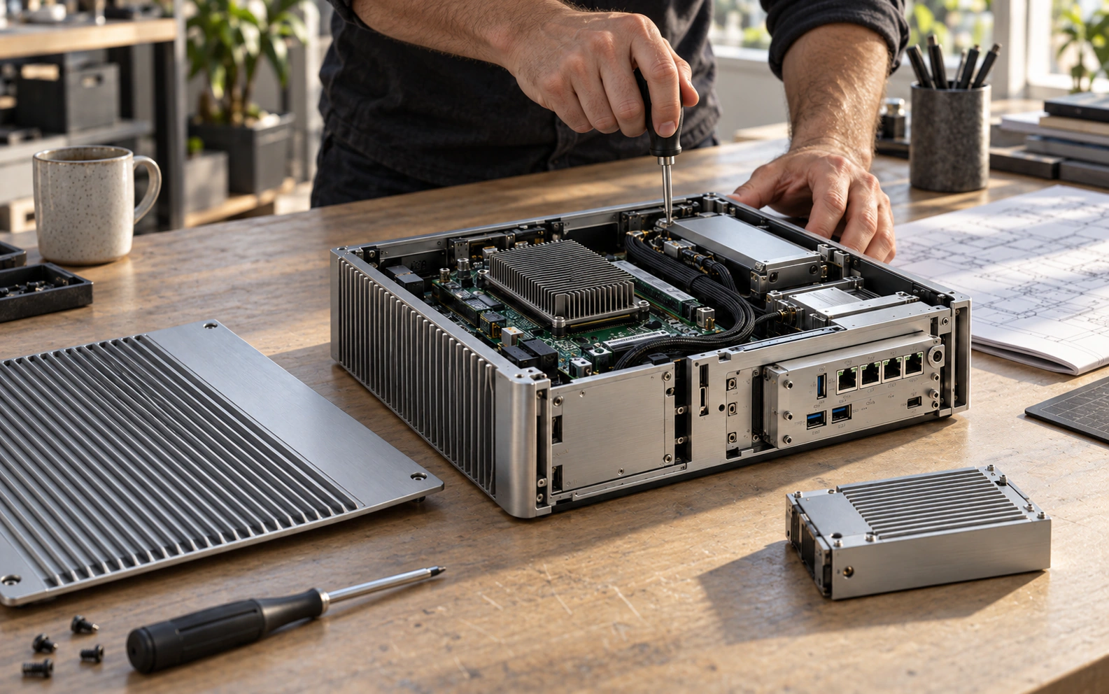 Conceptual open industrial edge computer on a workbench; no qualified NeuraOS device is shown.