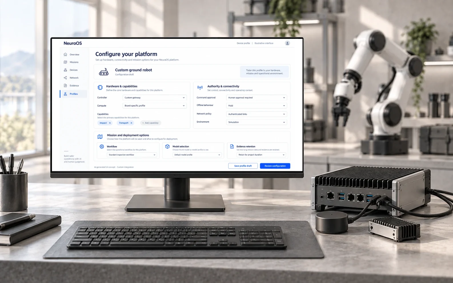 Concept engineering workbench with the NeuraOS device-profile interface on a monitor beside an edge-compute enclosure and sensor