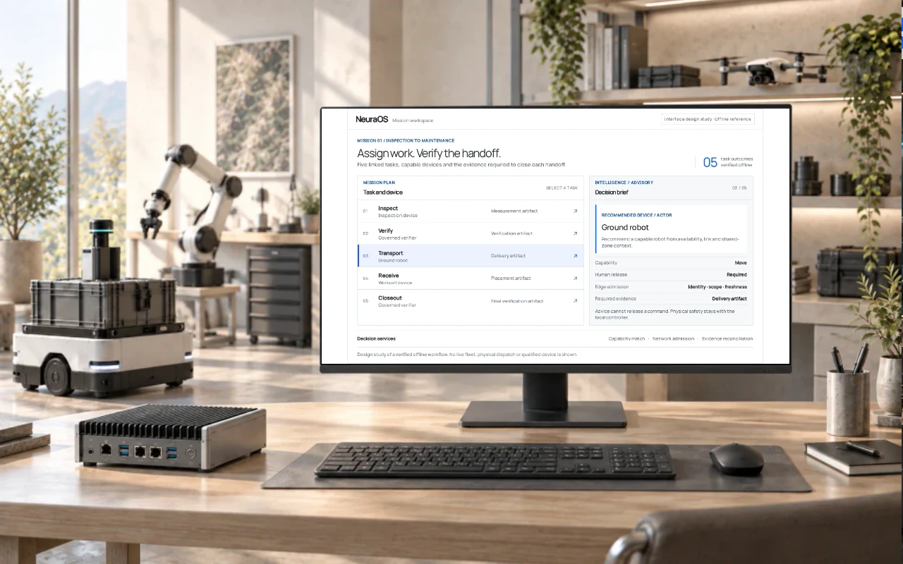Concept robotics workstation with the NeuraOS mission interface on a desktop monitor, beside ground-robot, workcell and edge-computer studies