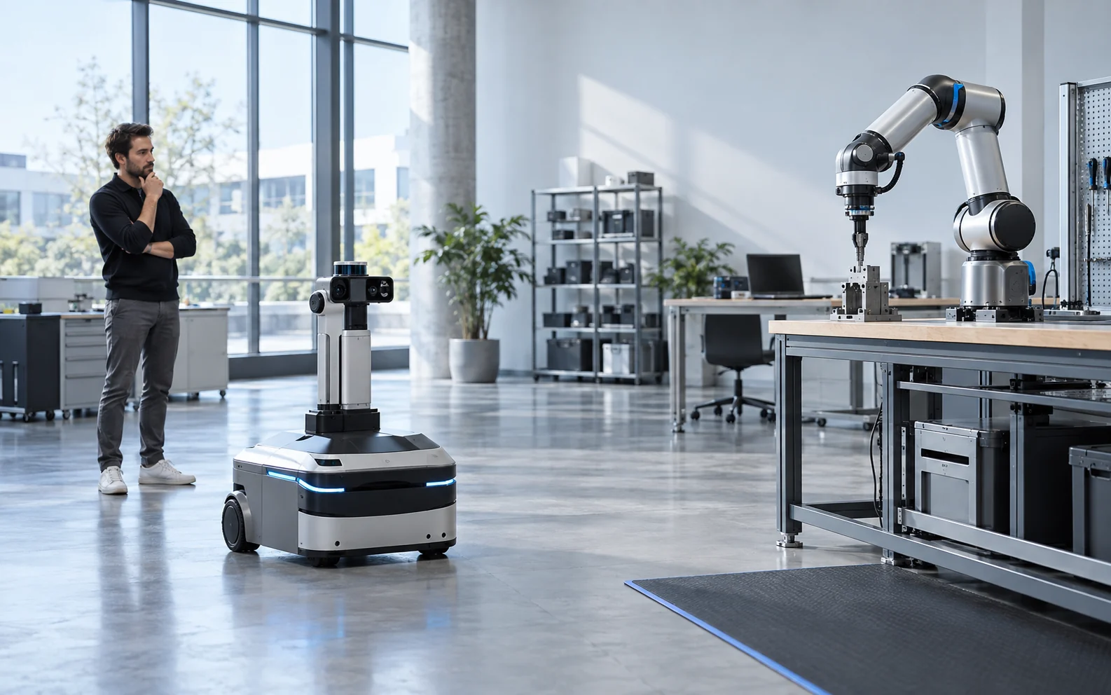 Robotics test bay with a mobile inspection robot, manipulator and human observer