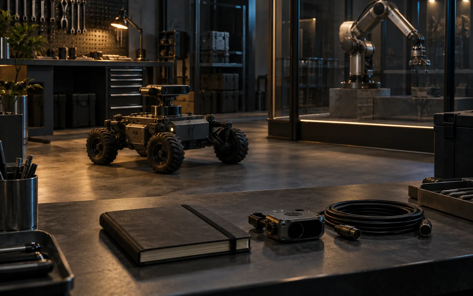Conceptual robotics workbench with a stationary mobile platform, manipulator and closed notebook.