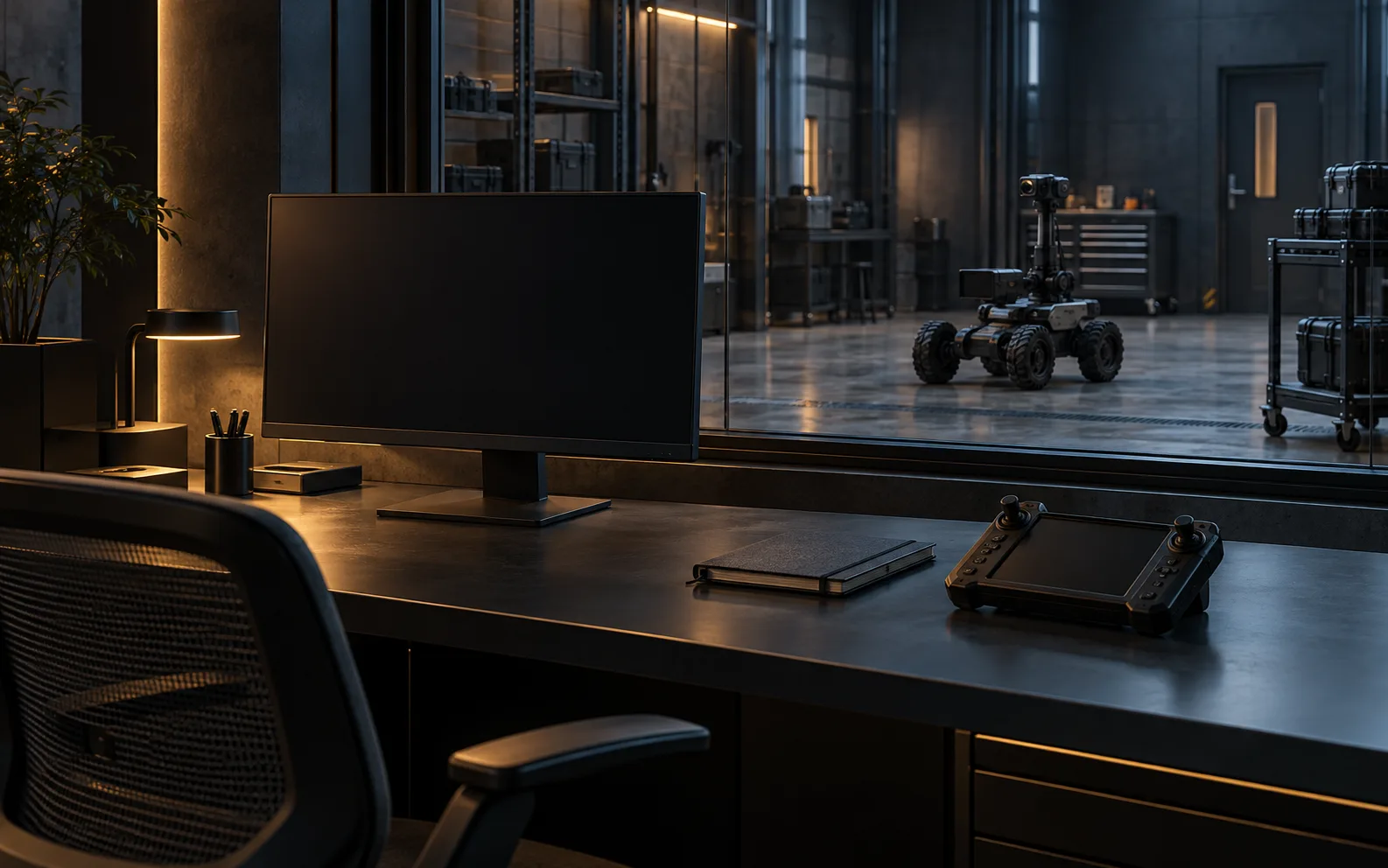 Conceptual operator station facing a stationary inspection robot.
