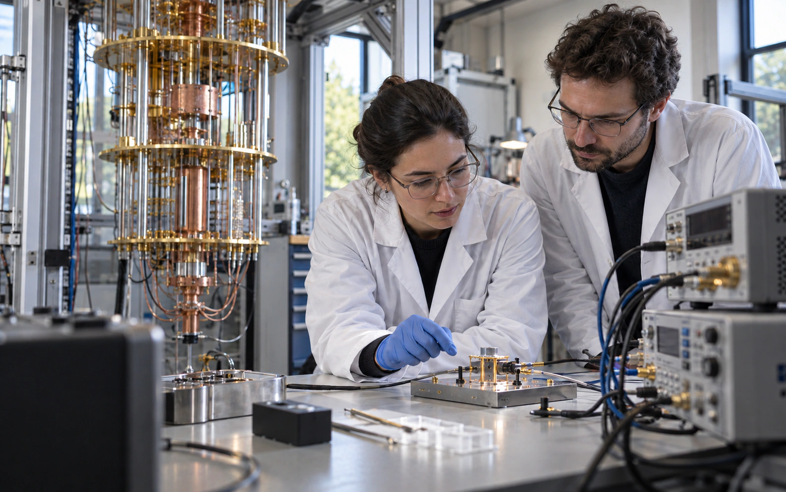 Conceptual laboratory scene with two researchers examining a measurement fixture