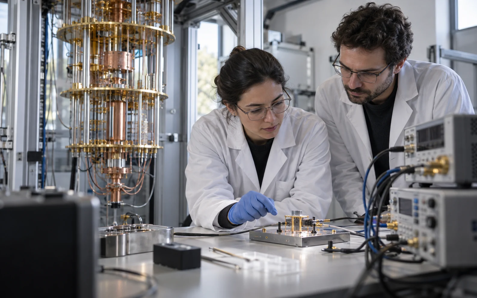 Quantum measurement laboratory with researchers at a calibration bench