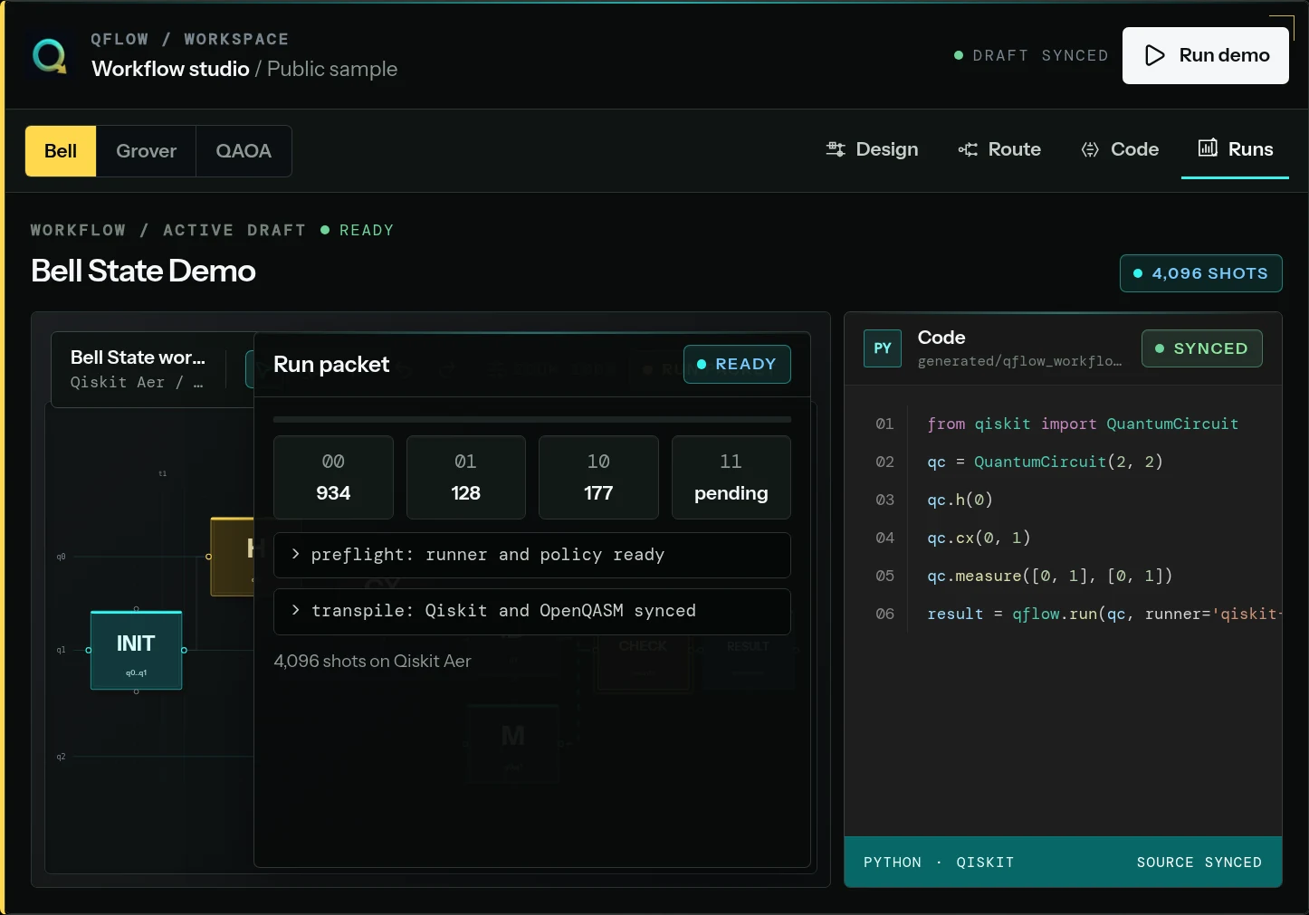 Public QFlow Studio Bell State run packet preview; not an IBM hardware result