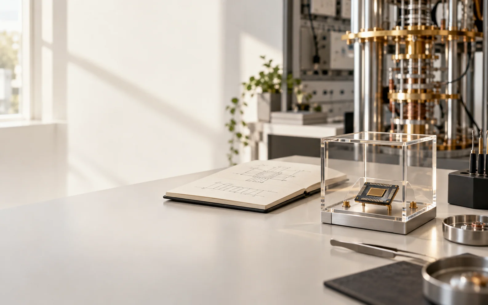 Quantum research setting with a chip sample, notebook and cryogenic apparatus.