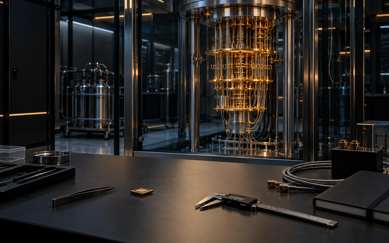 Conceptual quantum laboratory bench with a cryostat.