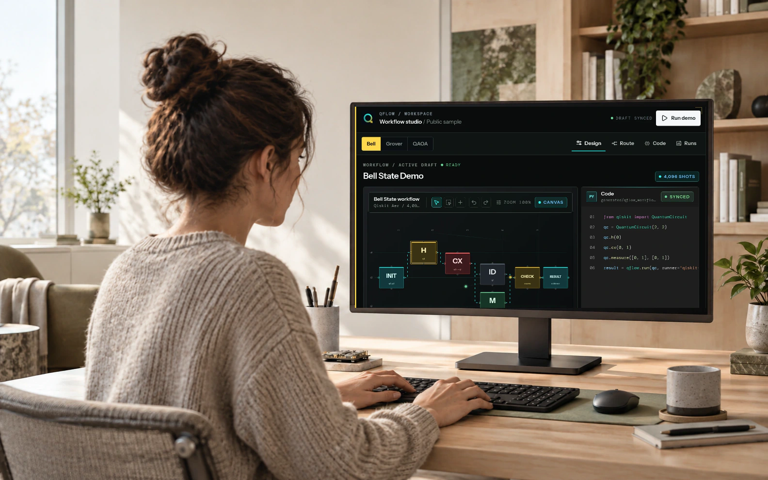 Research setting with the public QFlow Studio Bell State sample on its display