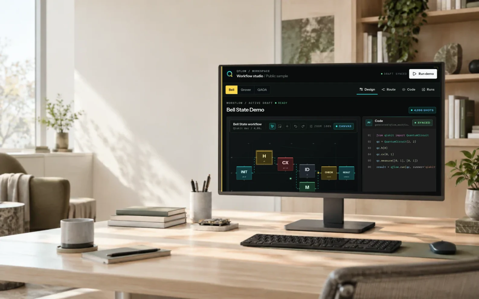 Research setting with the public QFlow Studio Bell State sample on its display