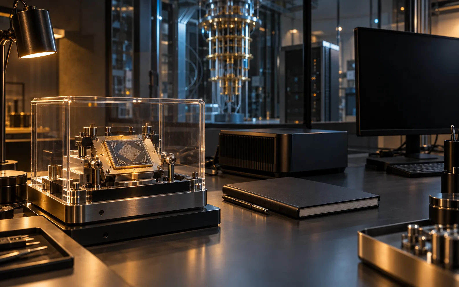 Protected chip fixture, unbranded compute module and blank workstation in a dark laboratory