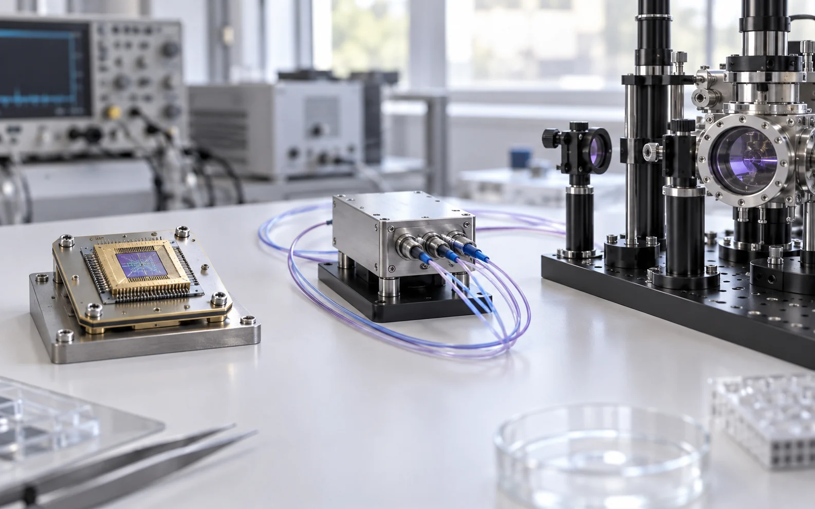 Research bench with quantum chip and optical interface studies
