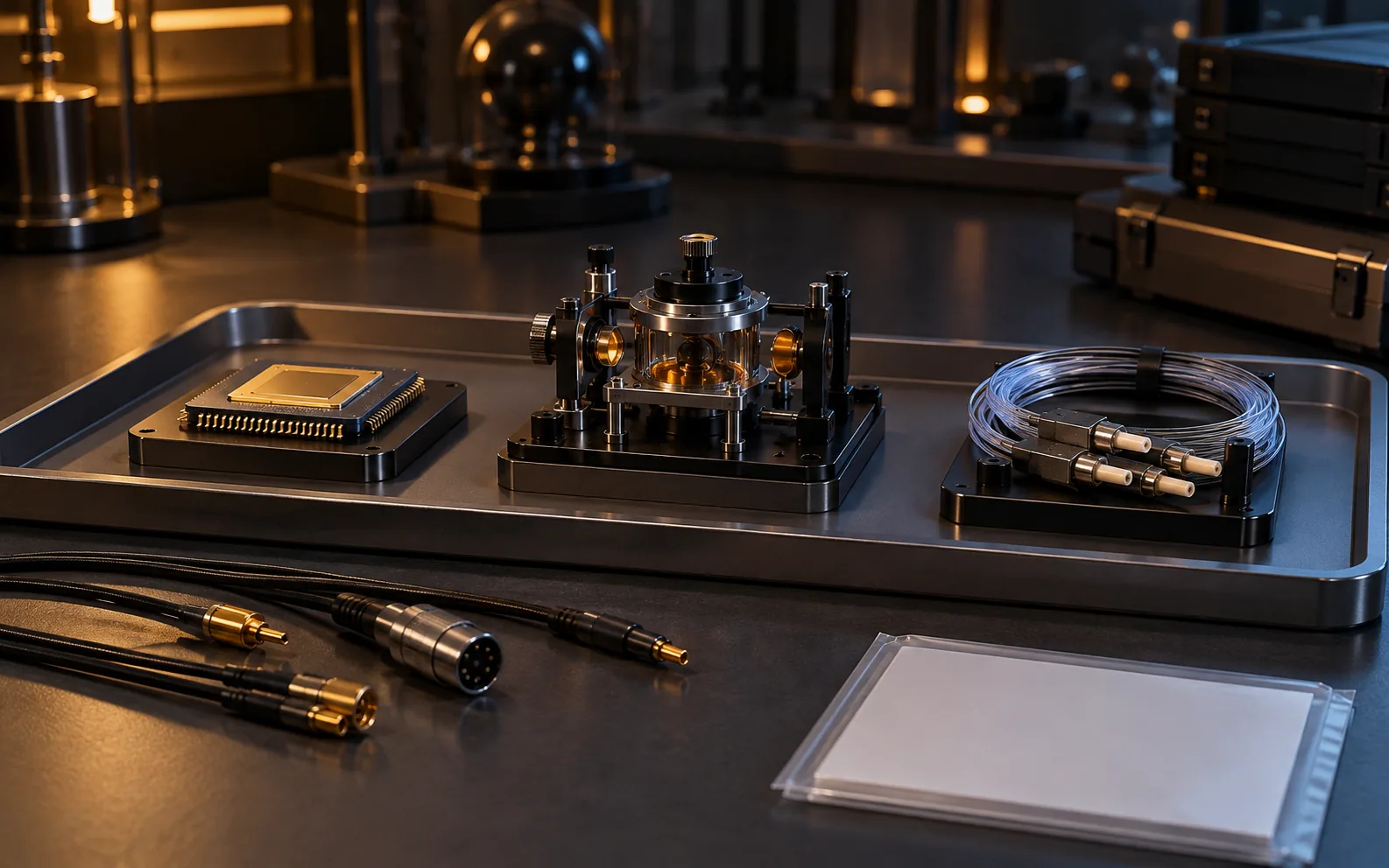 Separate chip, optical assembly and fiber interface samples in a precision tray