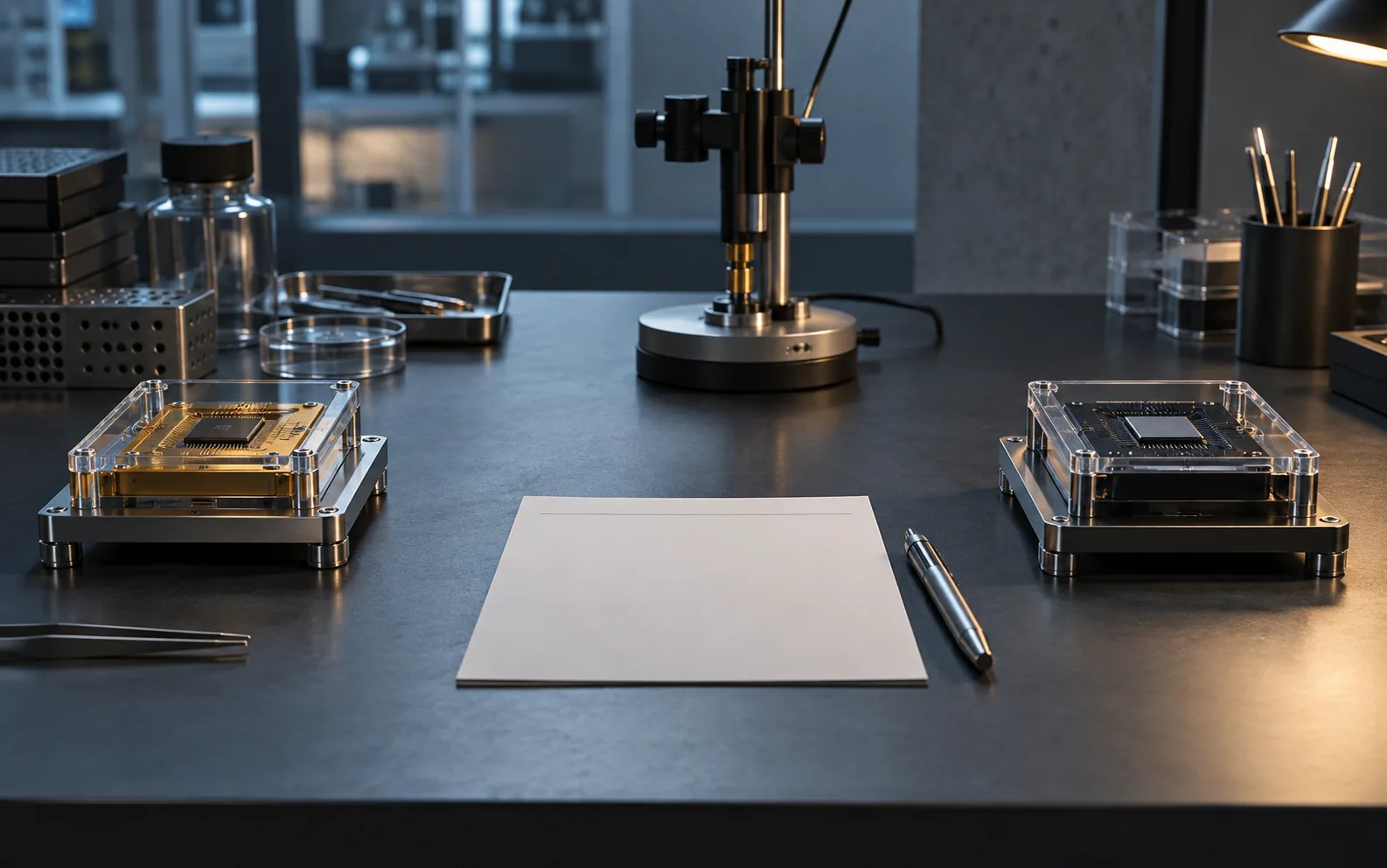 Conceptual tabletop study of two generic chip carriers and a blank experiment record.