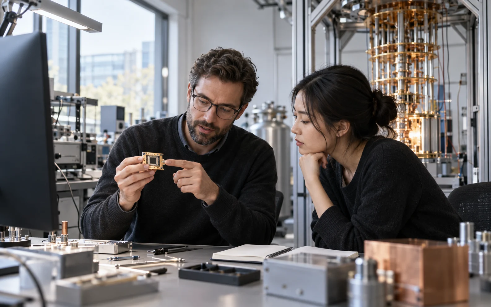 Researchers examining a circuit sample beside laboratory equipment