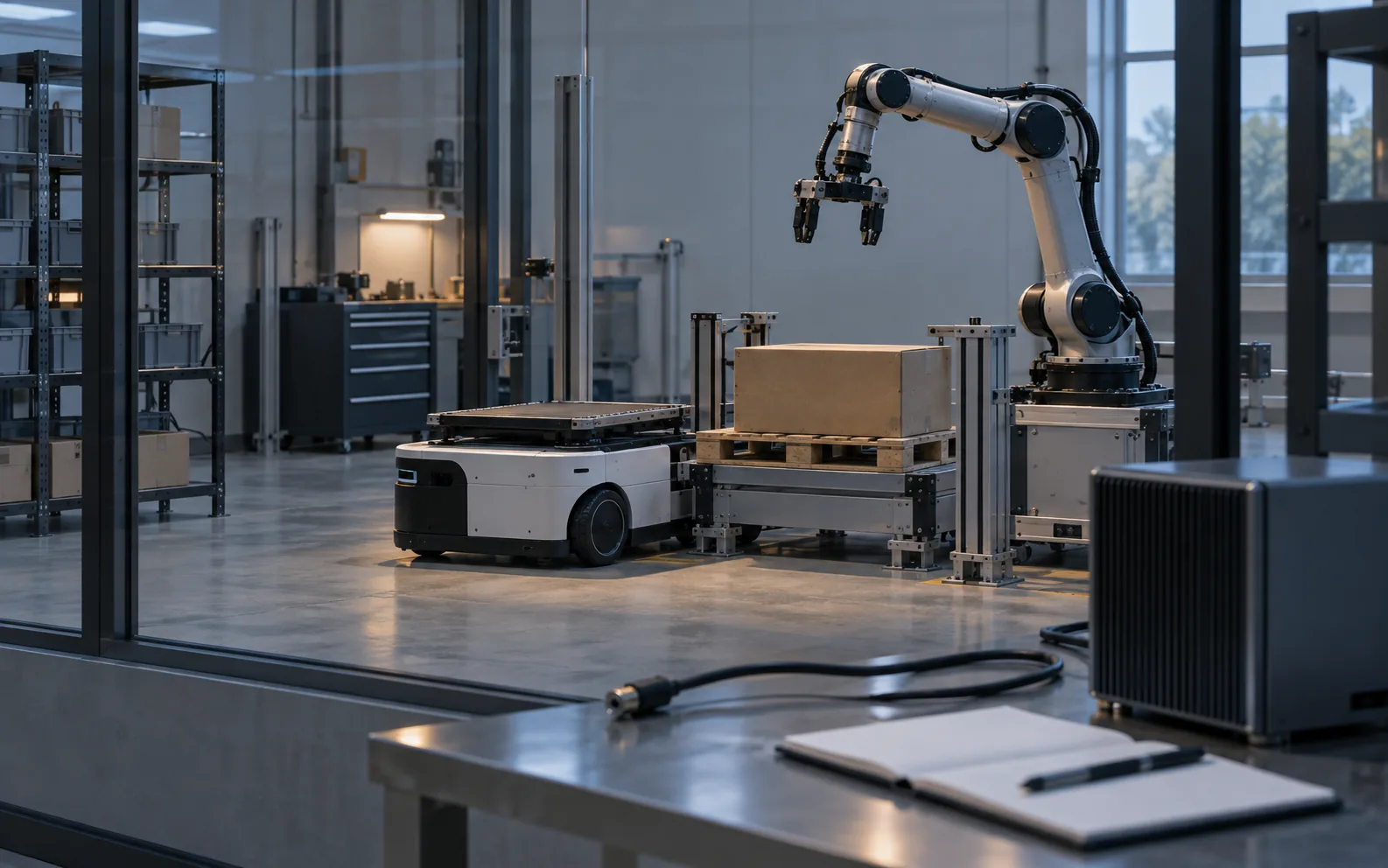 Conceptual robotics test cell with a stationary mobile robot, manipulator and disconnected data cable.