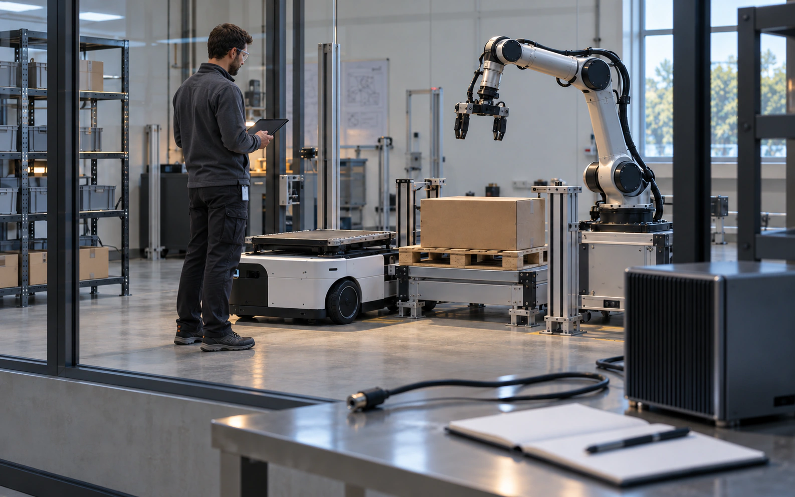 Conceptual robotics test cell with a stationary mobile robot, manipulator and disconnected data cable.