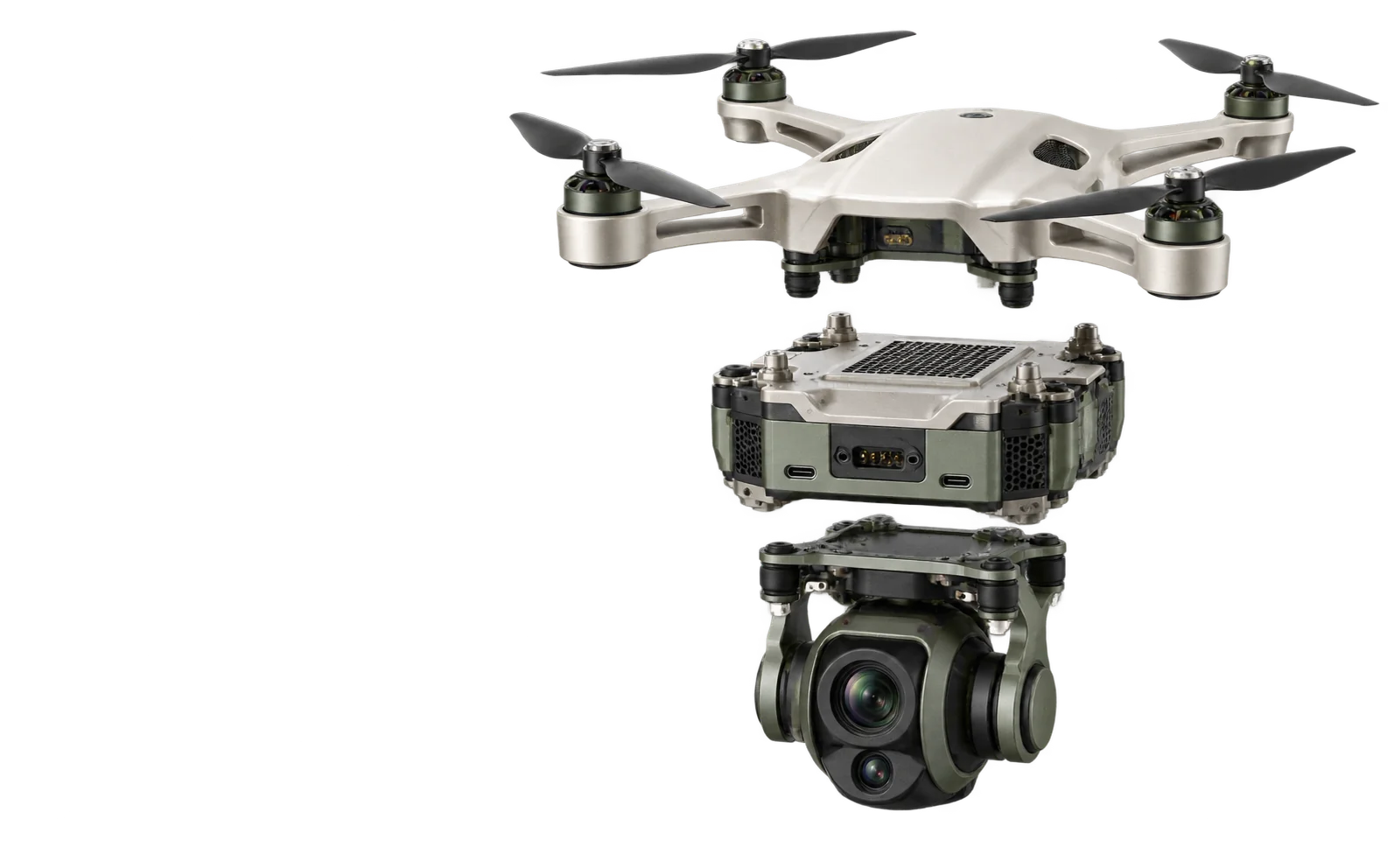 Exploded inspection drone study with separate airframe, onboard module and payload