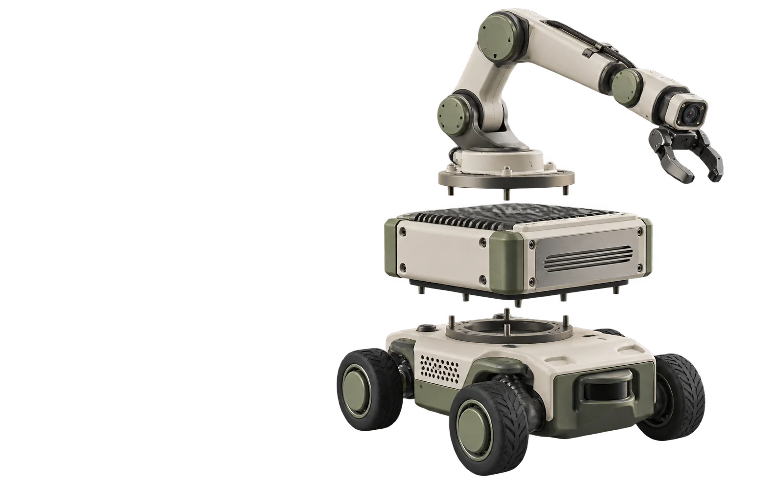 Exploded study of a mobile inspection robot with arm, edge module and wheeled base